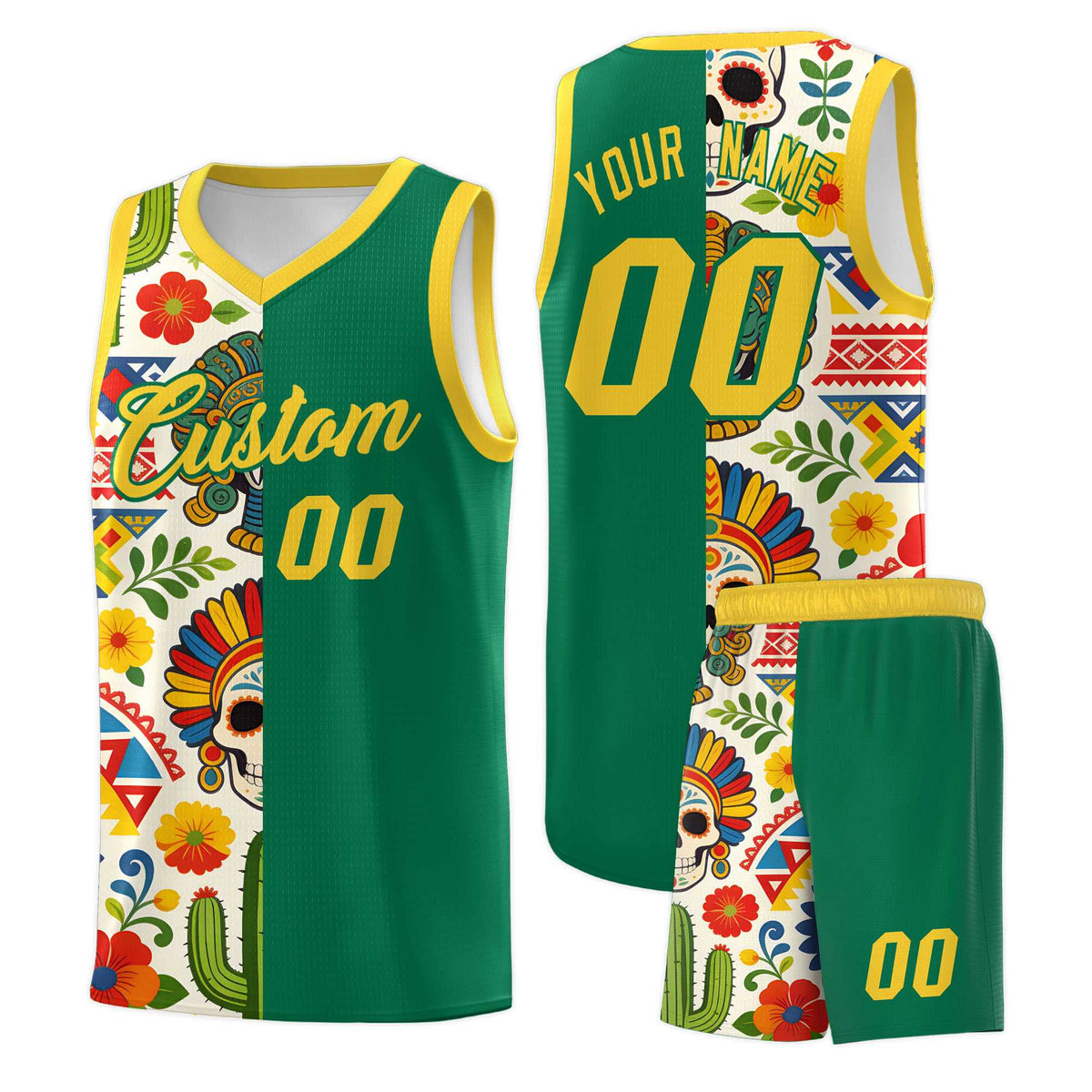Custom Kelly Green Skeleton Mexican Colors Graffiti Patterns Quick-Drying Uniform Basketball Jersey