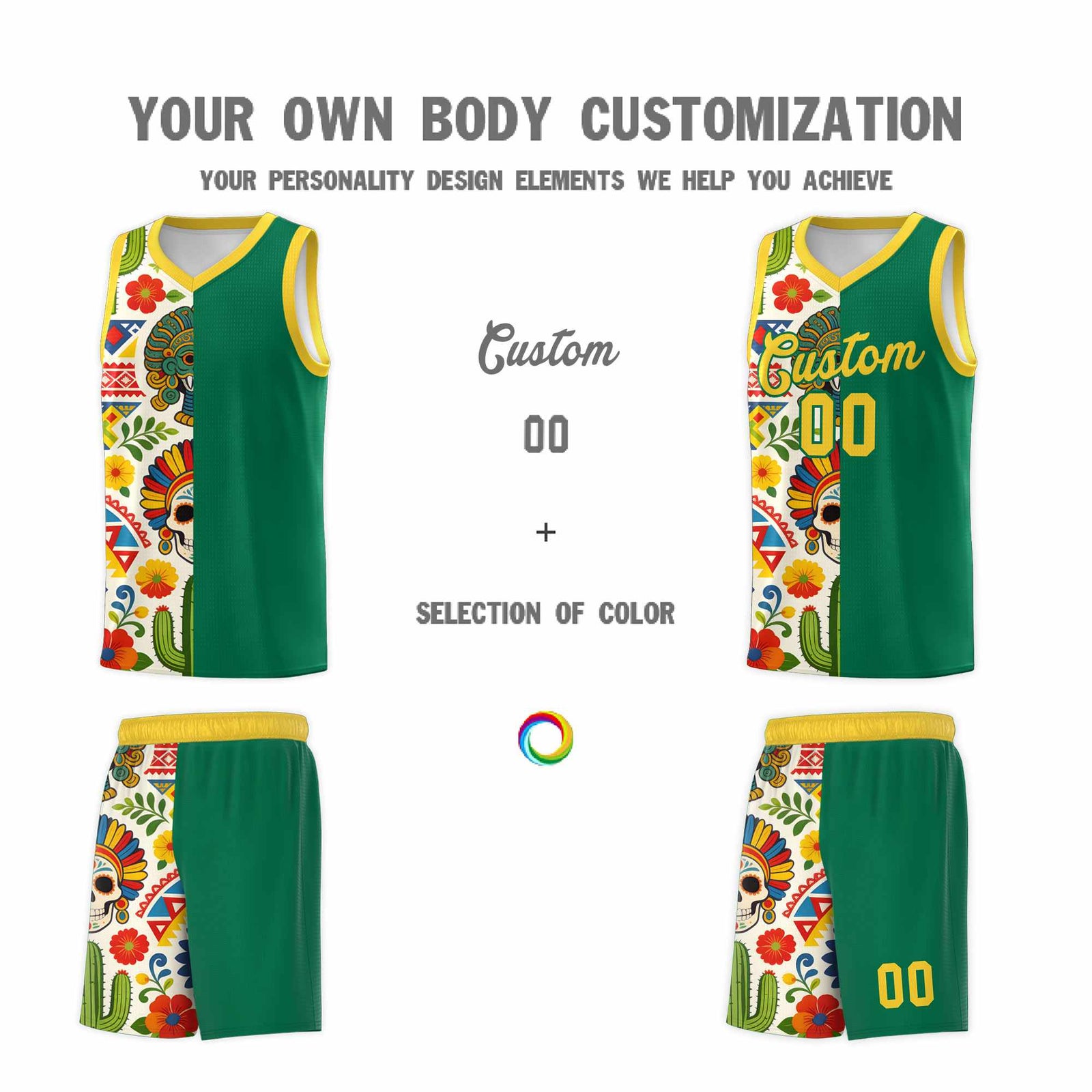 Custom Kelly Green Skeleton Mexican Colors Graffiti Patterns Quick-Drying Uniform Basketball Jersey