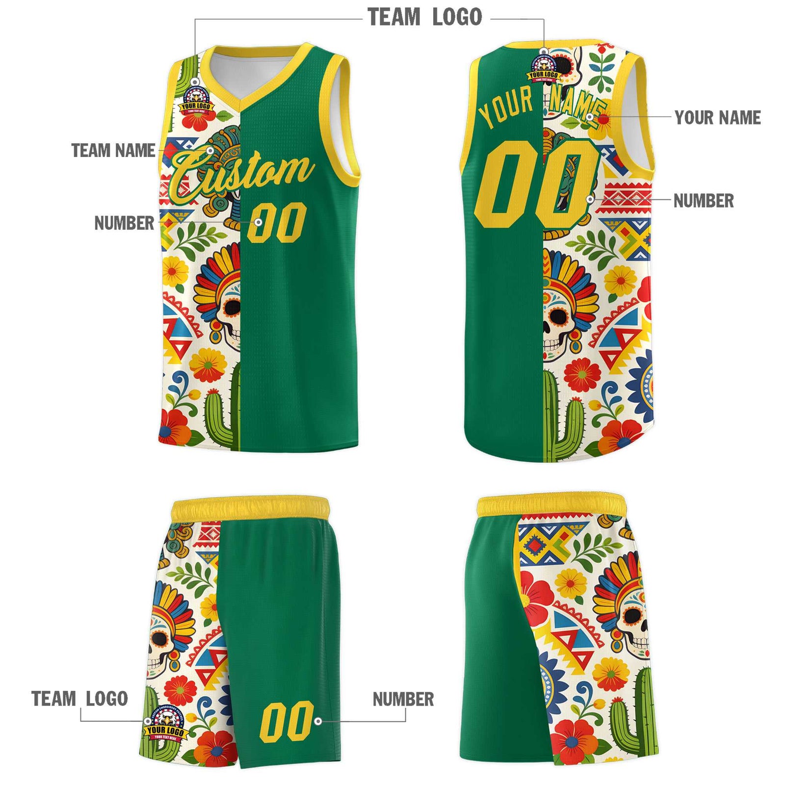 Custom Kelly Green Skeleton Mexican Colors Graffiti Patterns Quick-Drying Uniform Basketball Jersey