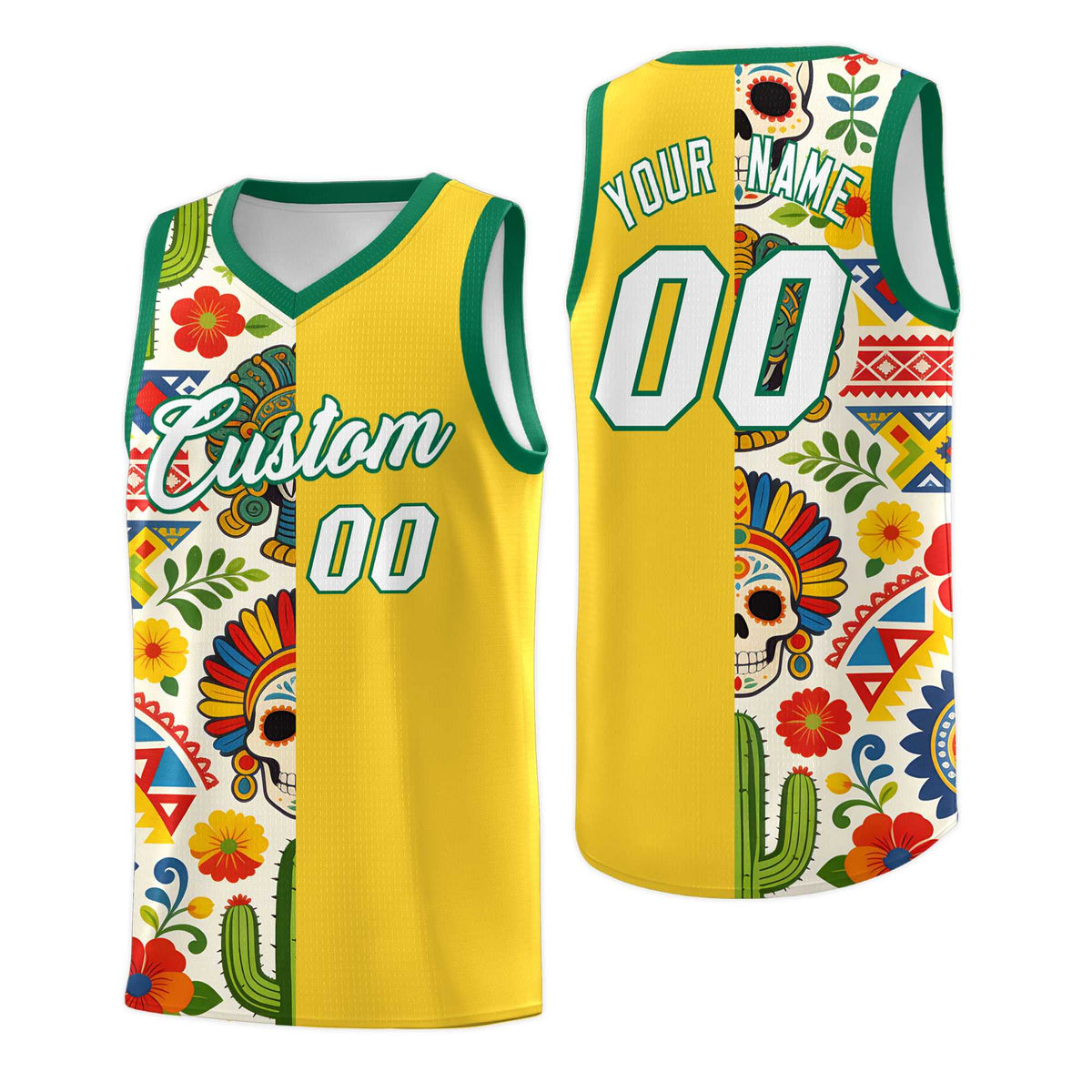 Custom Gold Skeleton Mexican Colors Graffiti Patterns Lightweight Uniform Basketball Jersey