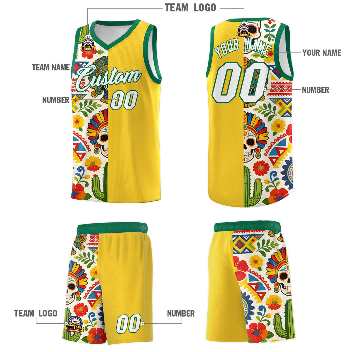 Custom Gold Skeleton Mexican Colors Graffiti Patterns Lightweight Uniform Basketball Jersey