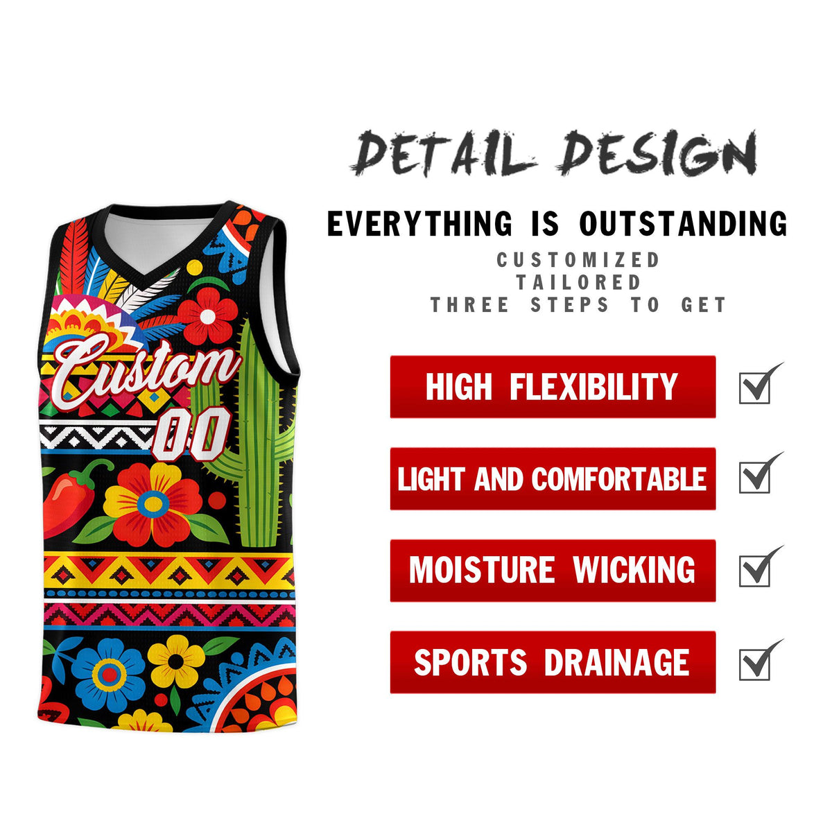 Custom Black Cactus Mexican Colors Graffiti Patterns Wrinkle-Resistant Uniform Basketball Jersey