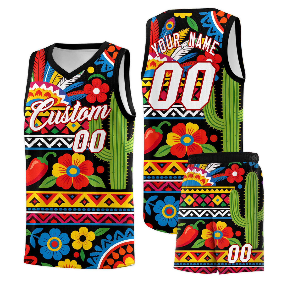Custom Black Cactus Mexican Colors Graffiti Patterns Wrinkle-Resistant Uniform Basketball Jersey