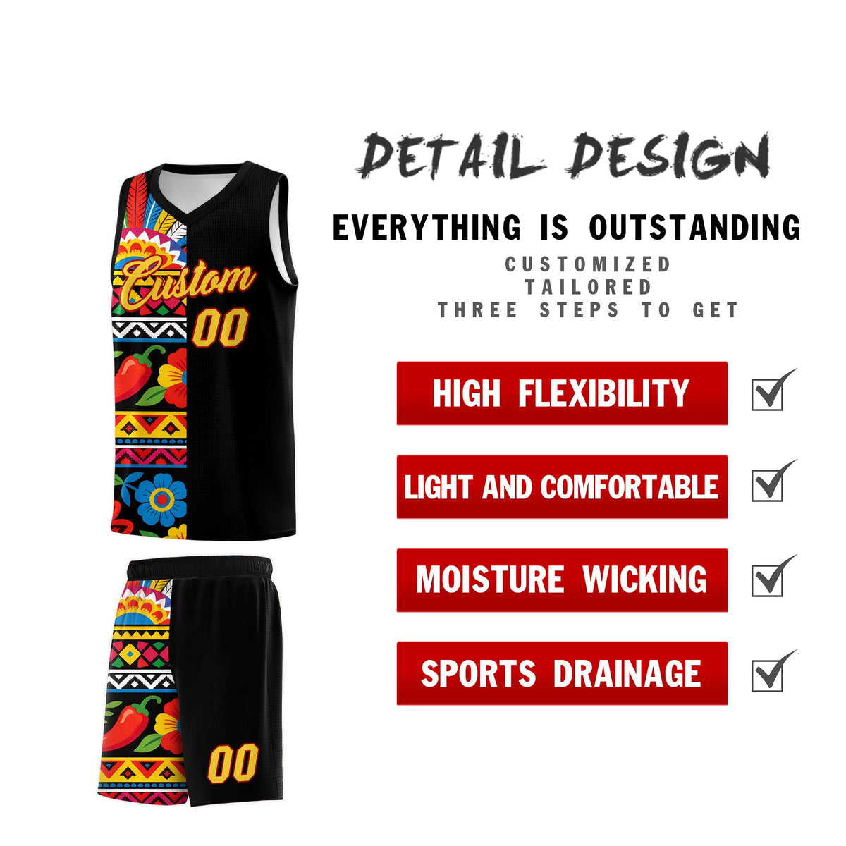 Custom Black Cactus Mexican Colors Graffiti Patterns Drapable Uniform Basketball Jersey