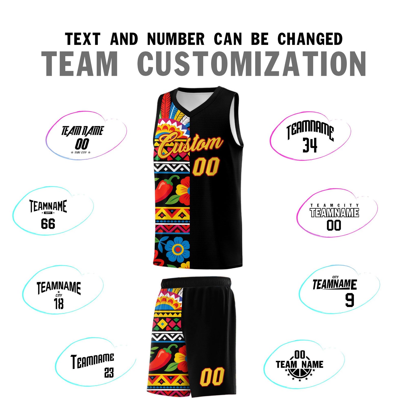 Custom Black Cactus Mexican Colors Graffiti Patterns Drapable Uniform Basketball Jersey