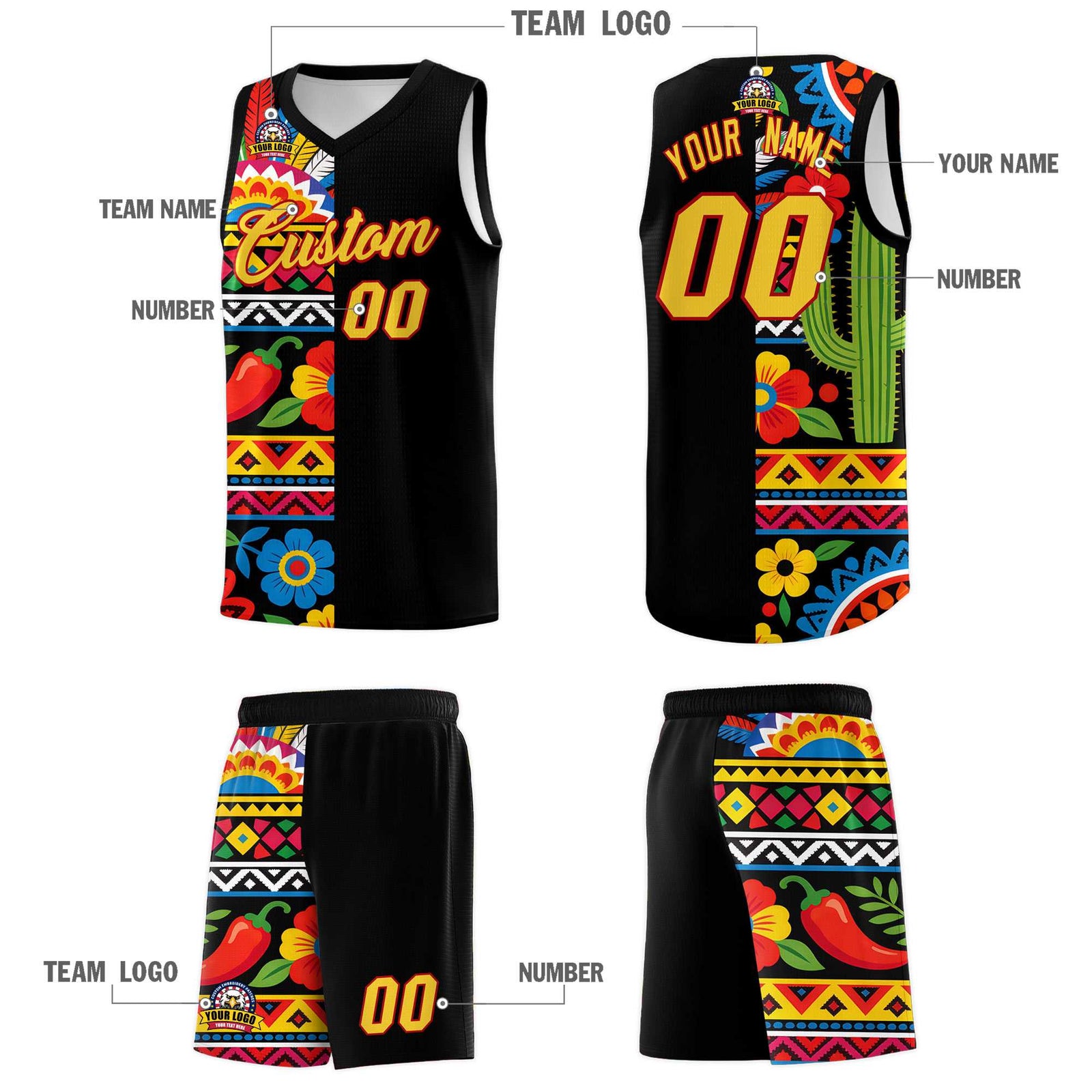 Custom Black Cactus Mexican Colors Graffiti Patterns Drapable Uniform Basketball Jersey