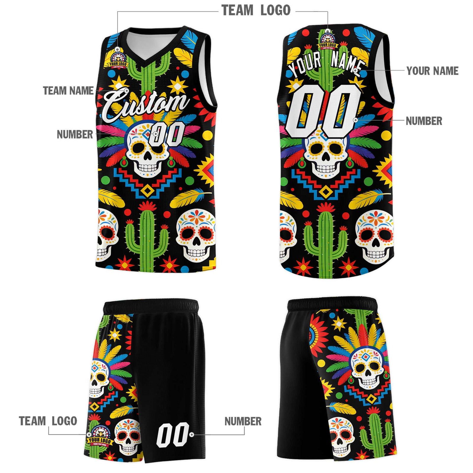 Custom Black Skeleton Mexican Colors Graffiti Patterns Sublimation Printing Uniform Basketball Jersey