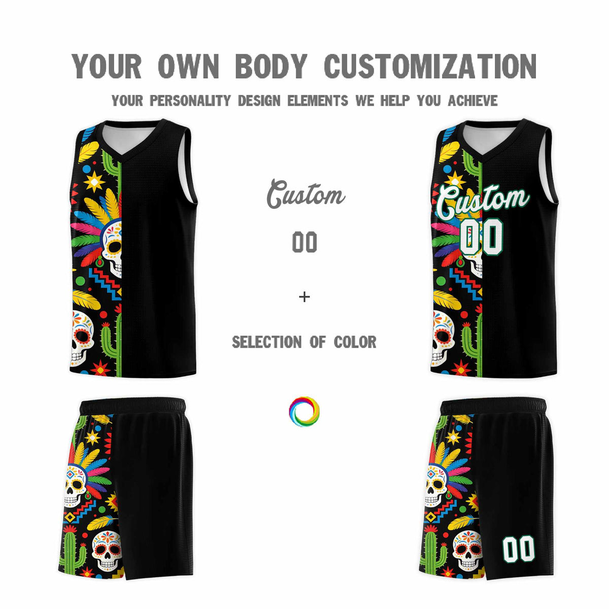 Custom Black Skeleton Mexican Colors Graffiti Patterns Breathable Uniform Basketball Jersey