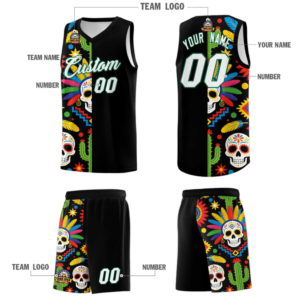 Custom Black Skeleton Mexican Colors Graffiti Patterns Breathable Uniform Basketball Jersey