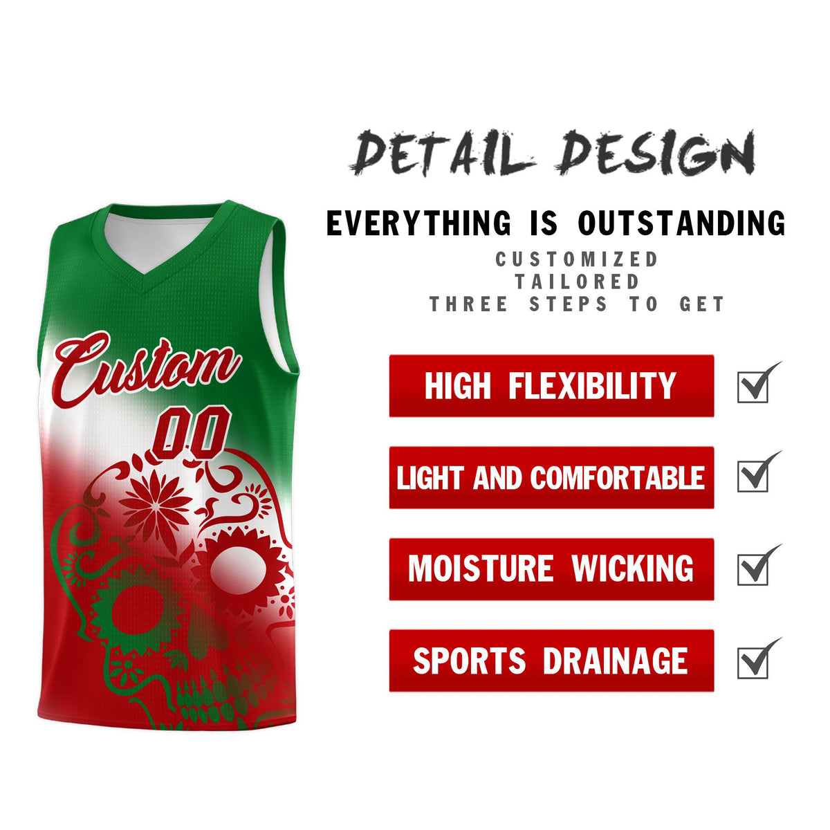 Custom White Kelly Green Red Mexican Colors Graffiti Patterns Lightweight Uniform Basketball Jersey