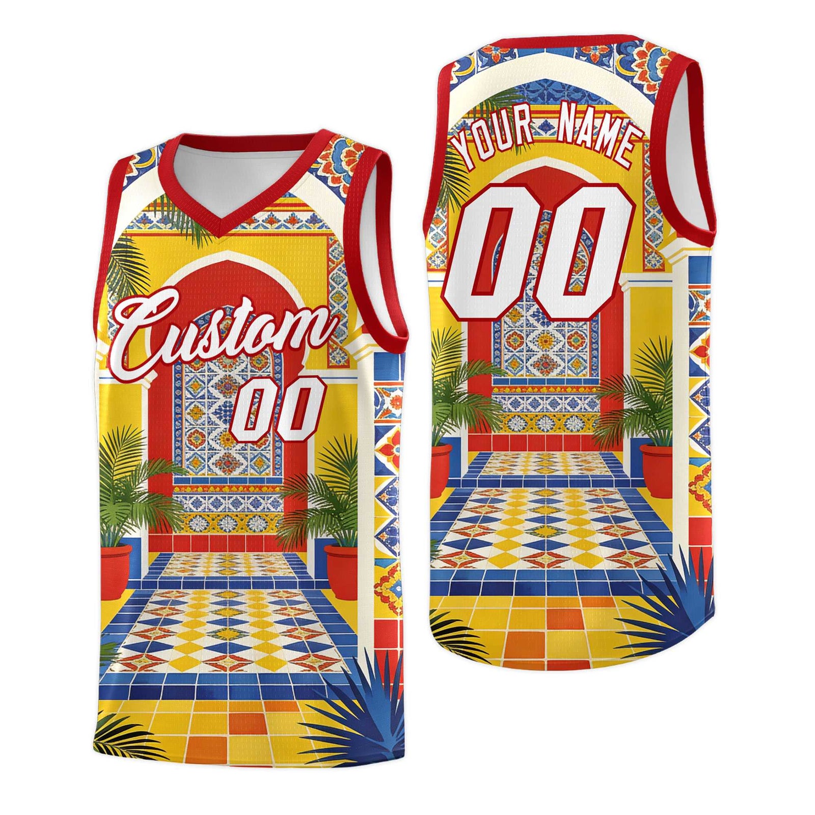 Custom Palace pattern Red Mexican Colors Graffiti Patterns Sublimation Printing Uniform Basketball Jersey