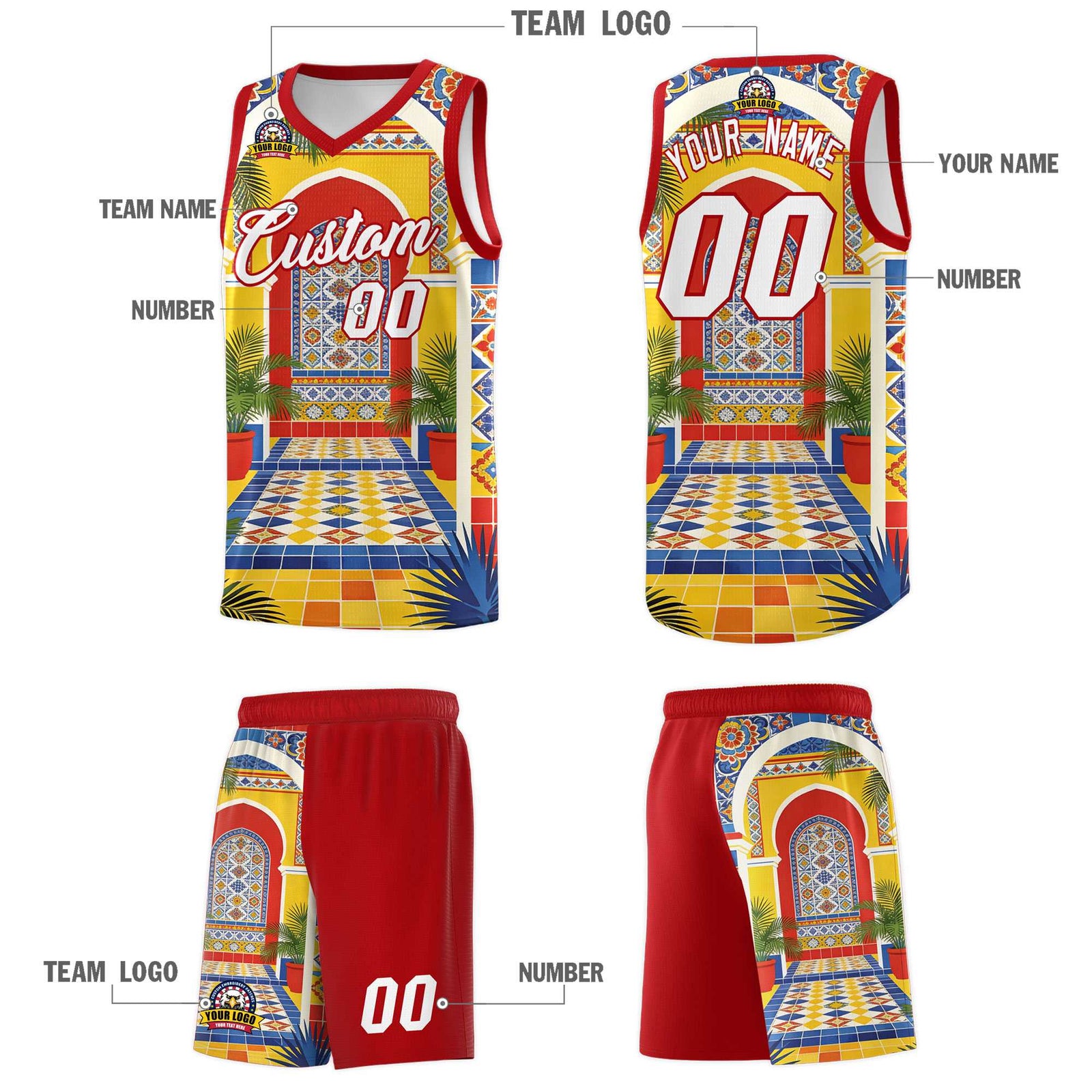 Custom Palace pattern Red Mexican Colors Graffiti Patterns Sublimation Printing Uniform Basketball Jersey