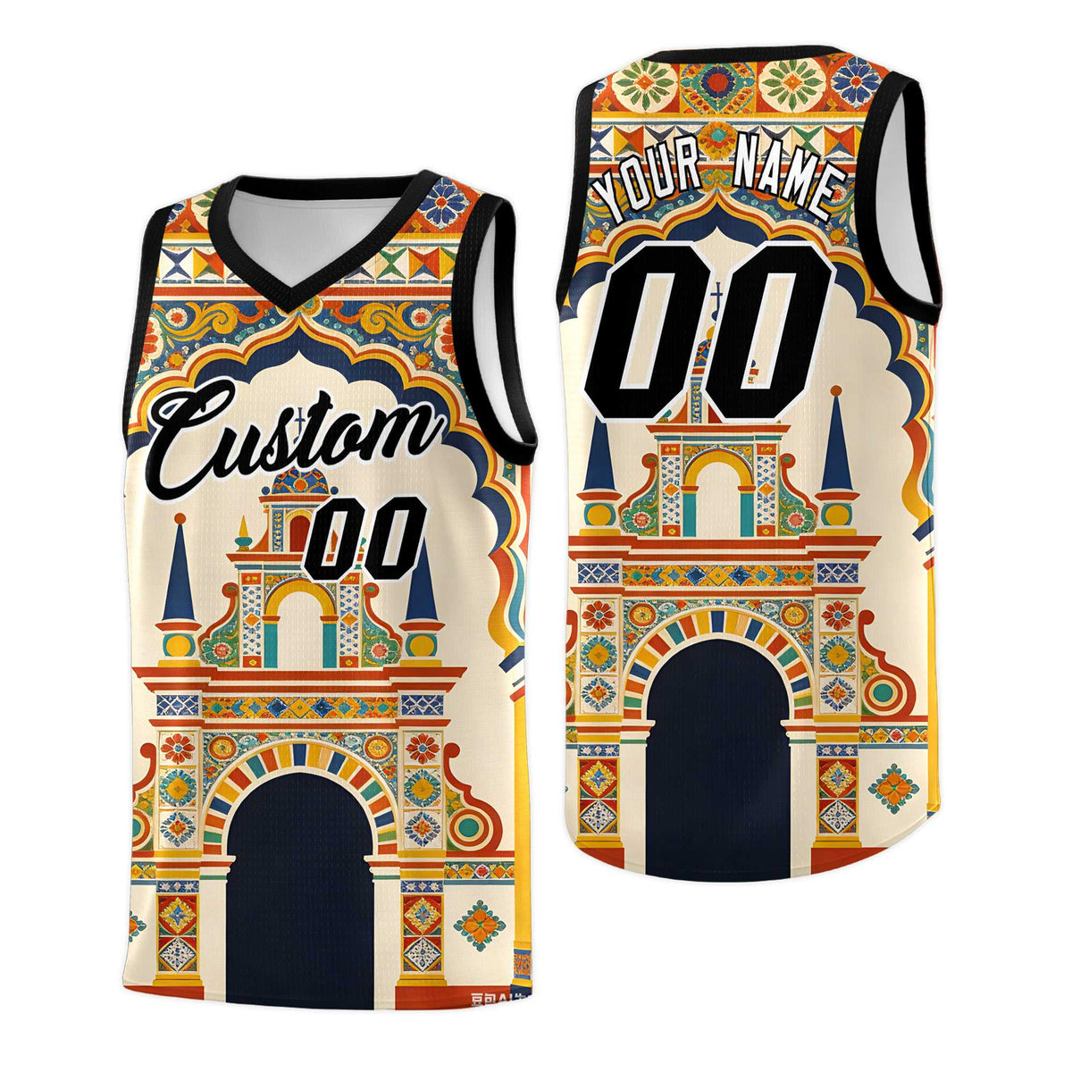 Custom Palace pattern Black Mexican Colors Graffiti Patterns Breathable Uniform Basketball Jersey
