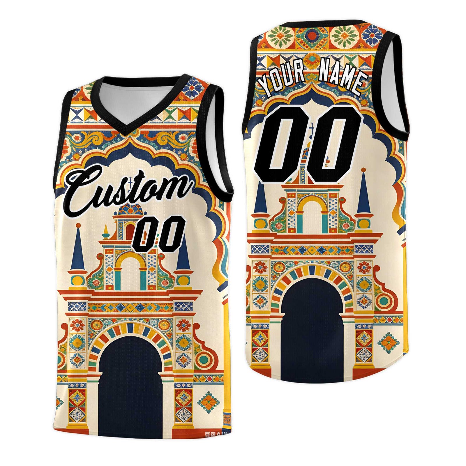 Custom Palace pattern Black Mexican Colors Graffiti Patterns Breathable Uniform Basketball Jersey