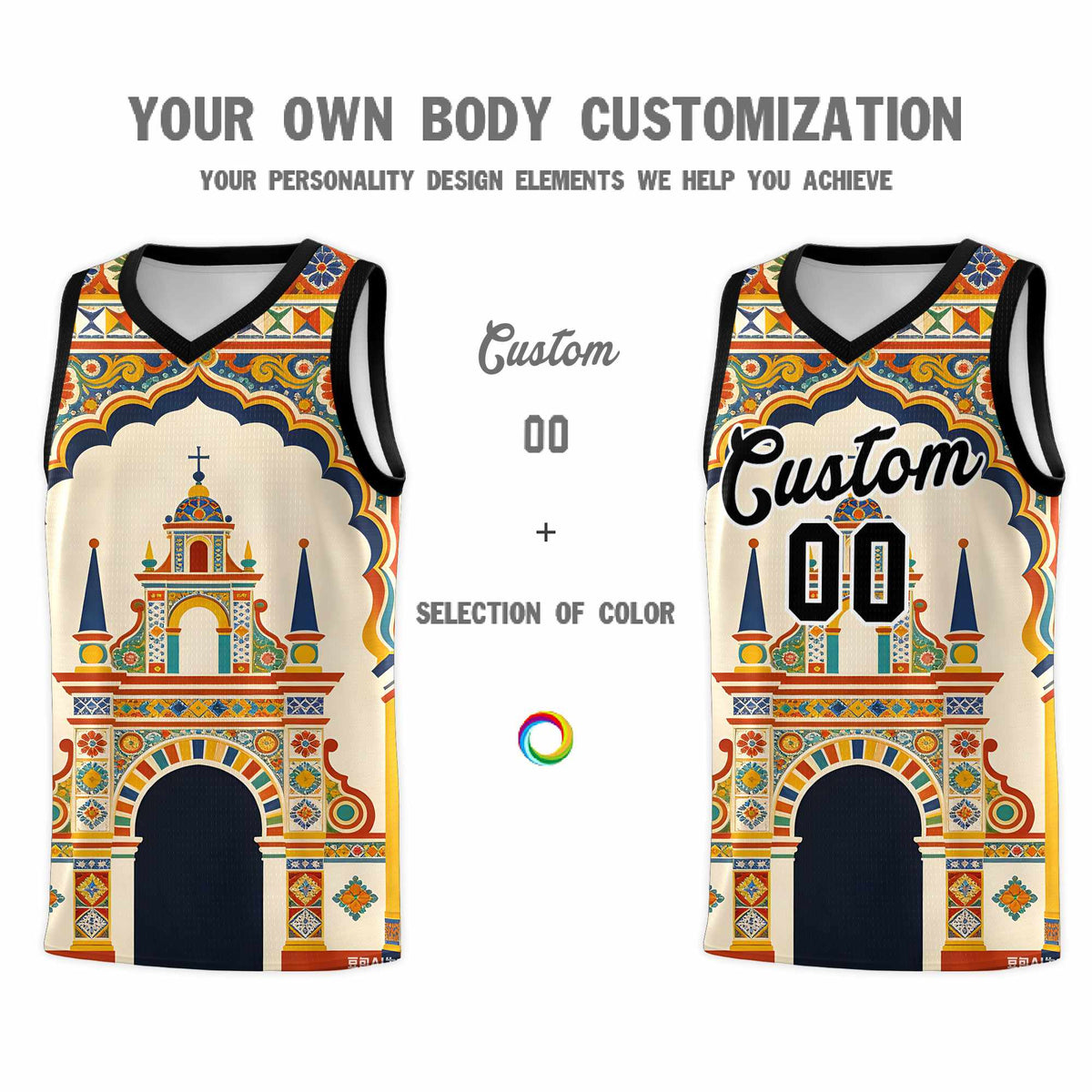 Custom Palace pattern Black Mexican Colors Graffiti Patterns Breathable Uniform Basketball Jersey