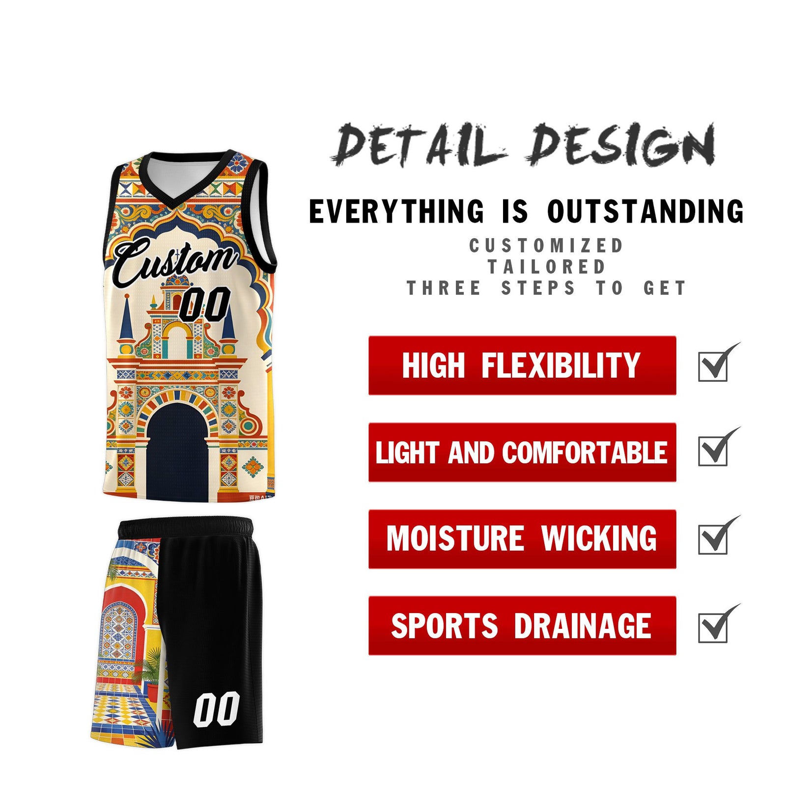 Custom Palace pattern Black Mexican Colors Graffiti Patterns Breathable Uniform Basketball Jersey