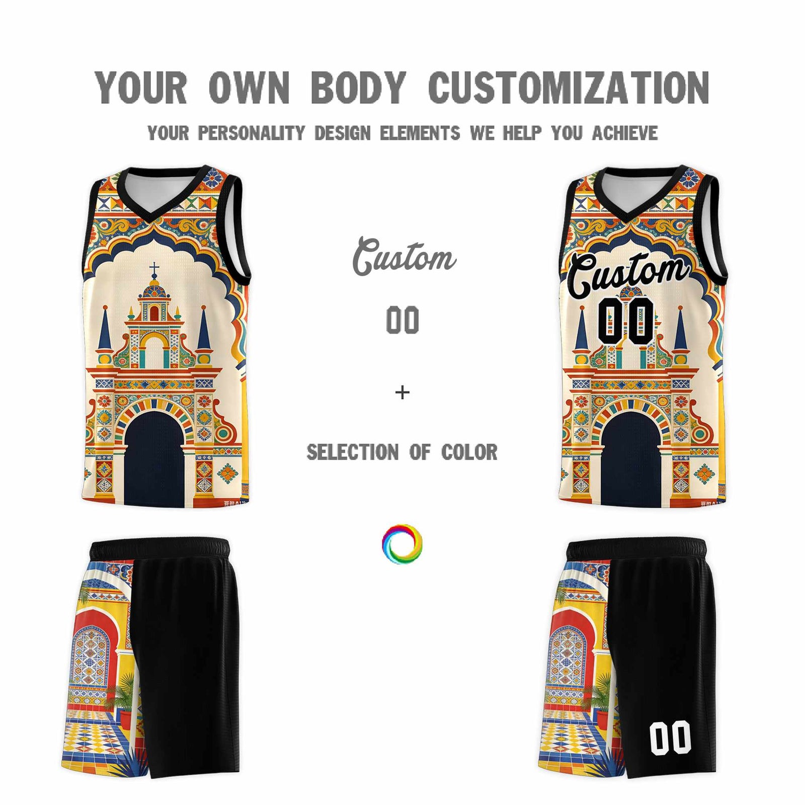 Custom Palace pattern Black Mexican Colors Graffiti Patterns Breathable Uniform Basketball Jersey