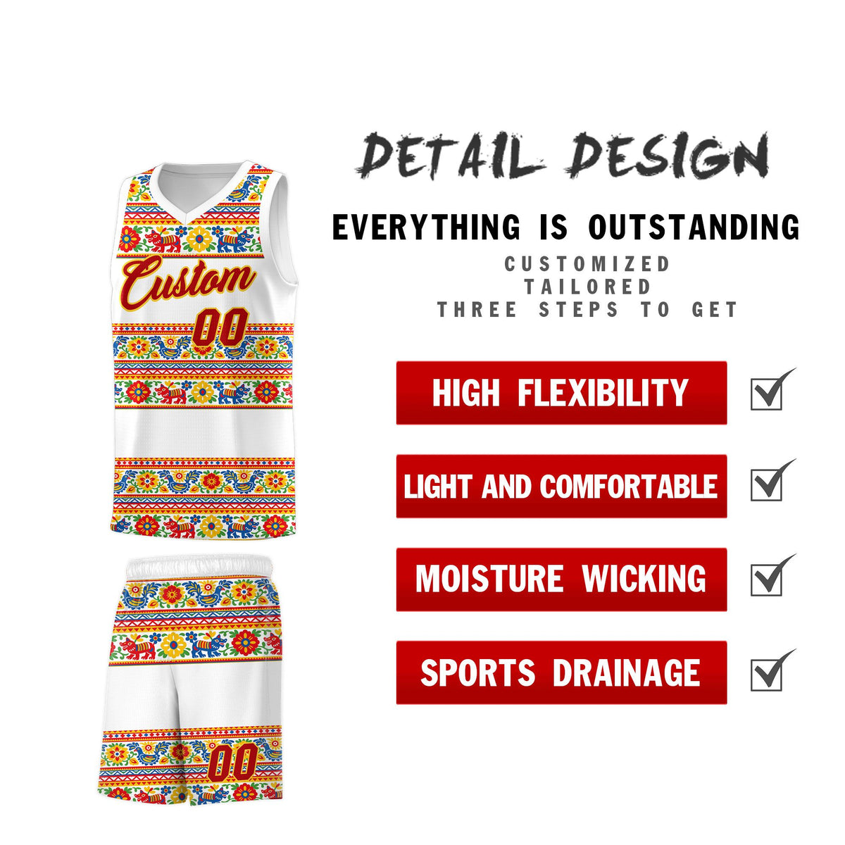 Custom White Colorfulflower pattern Mexican Colors Graffiti Patterns Quick-Drying Uniform Basketball Jersey