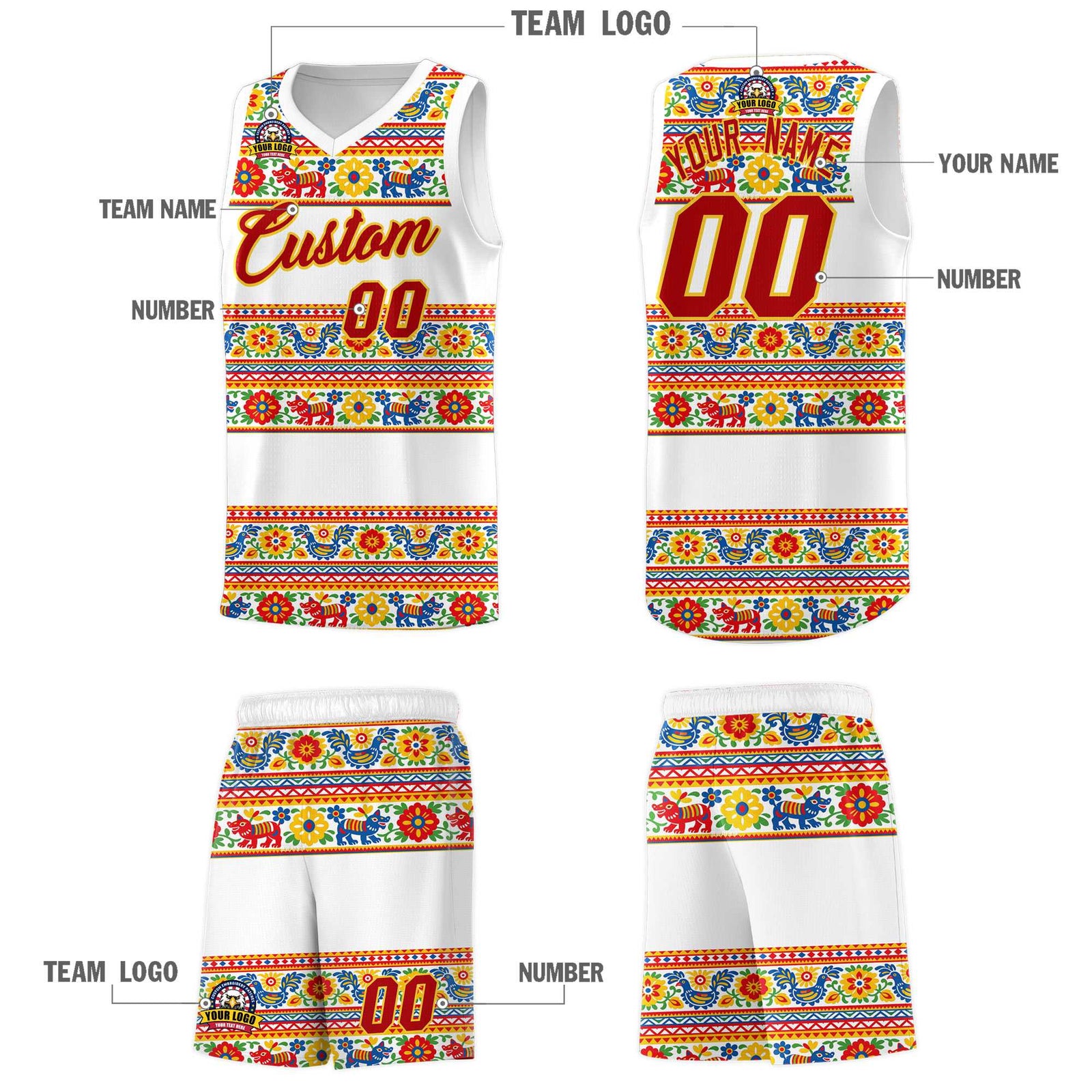Custom White Colorfulflower pattern Mexican Colors Graffiti Patterns Quick-Drying Uniform Basketball Jersey