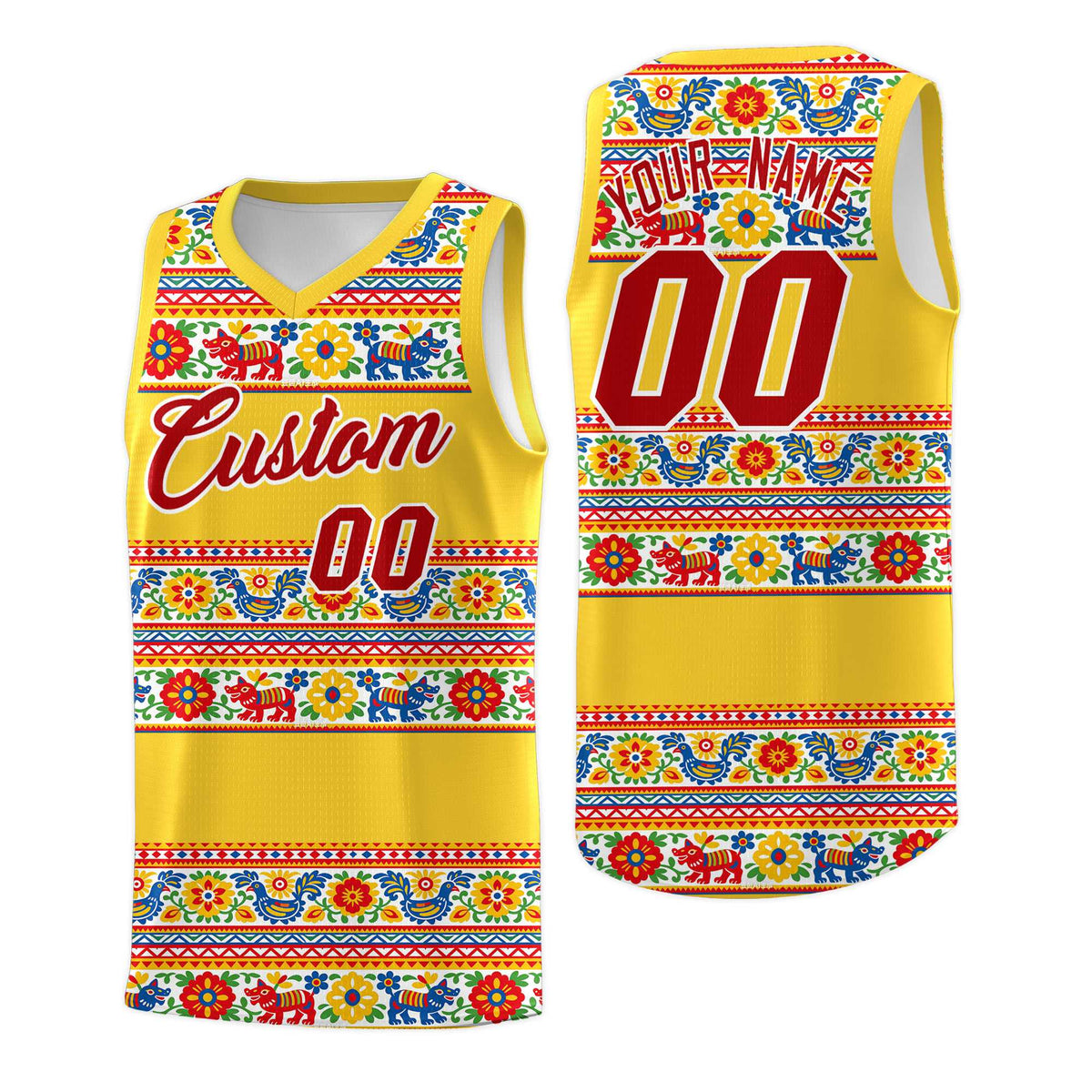 Custom Gold Colorfulflower pattern Mexican Colors Graffiti Patterns Lightweight Uniform Basketball Jersey