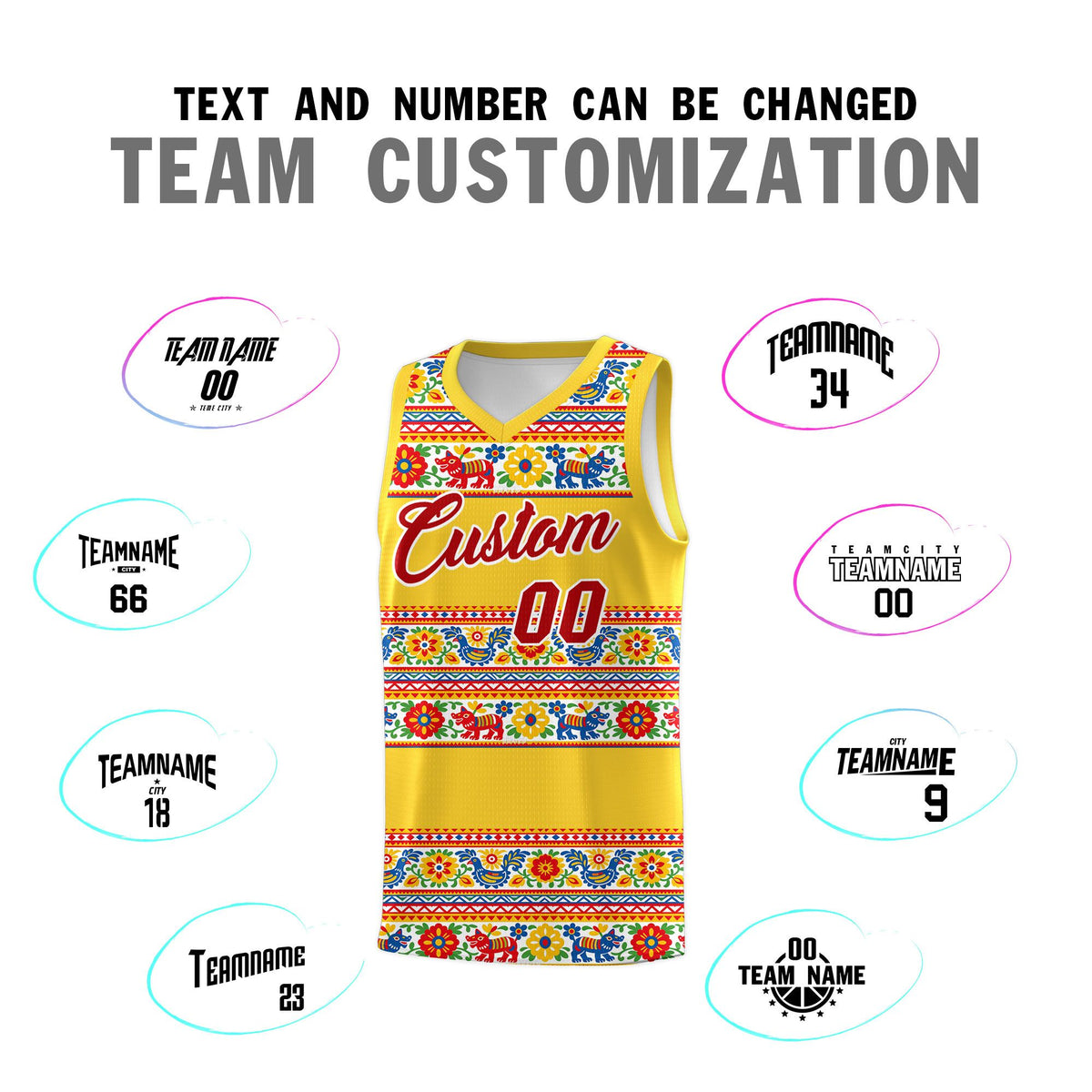 Custom Gold Colorfulflower pattern Mexican Colors Graffiti Patterns Lightweight Uniform Basketball Jersey
