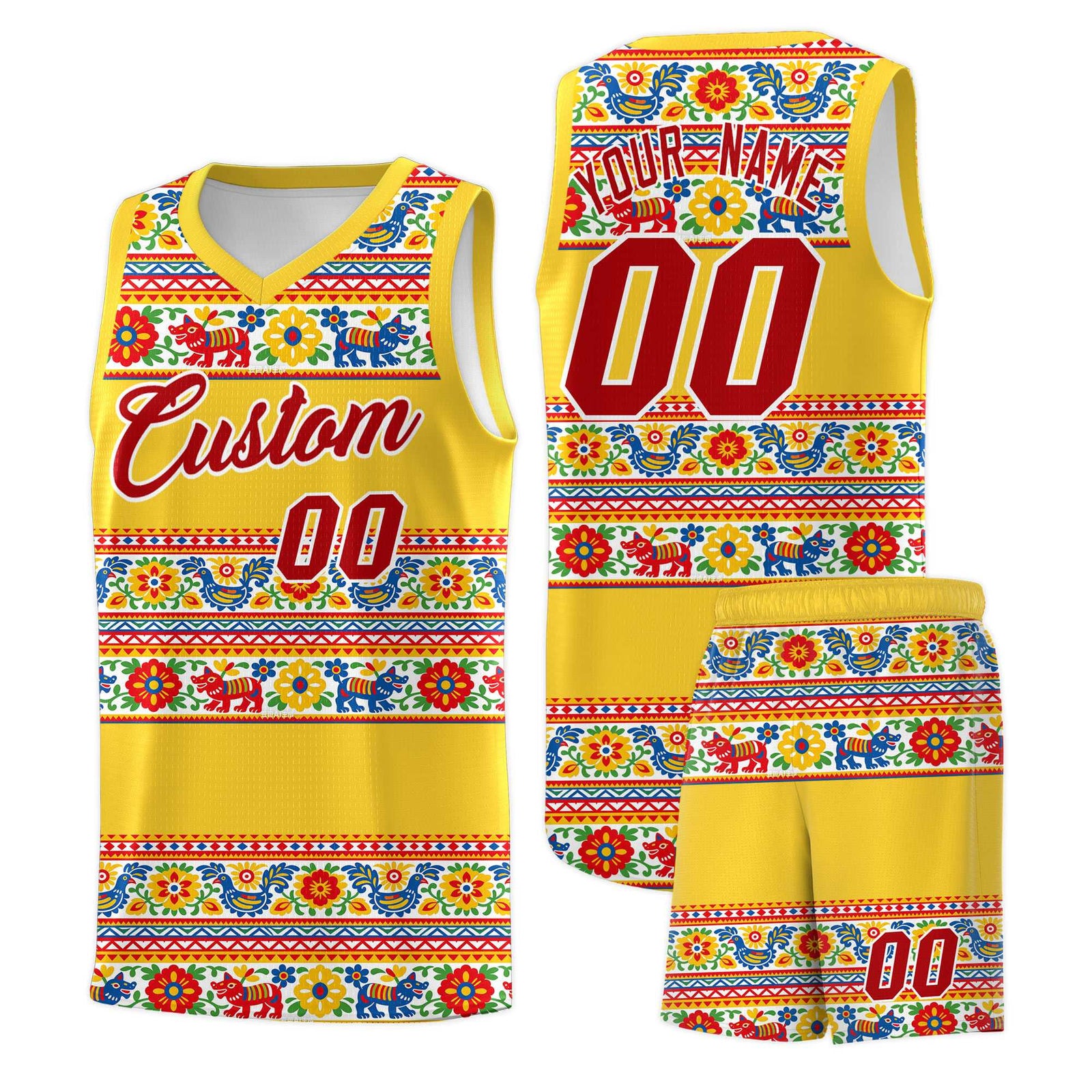 Custom Gold Colorfulflower pattern Mexican Colors Graffiti Patterns Lightweight Uniform Basketball Jersey