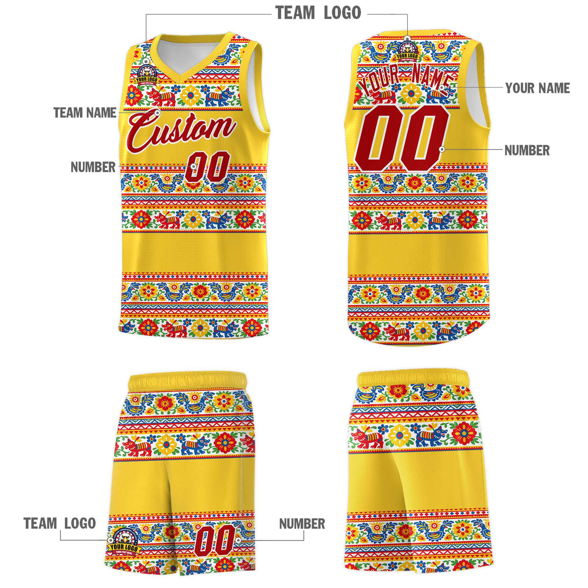 Custom Gold Colorfulflower pattern Mexican Colors Graffiti Patterns Lightweight Uniform Basketball Jersey