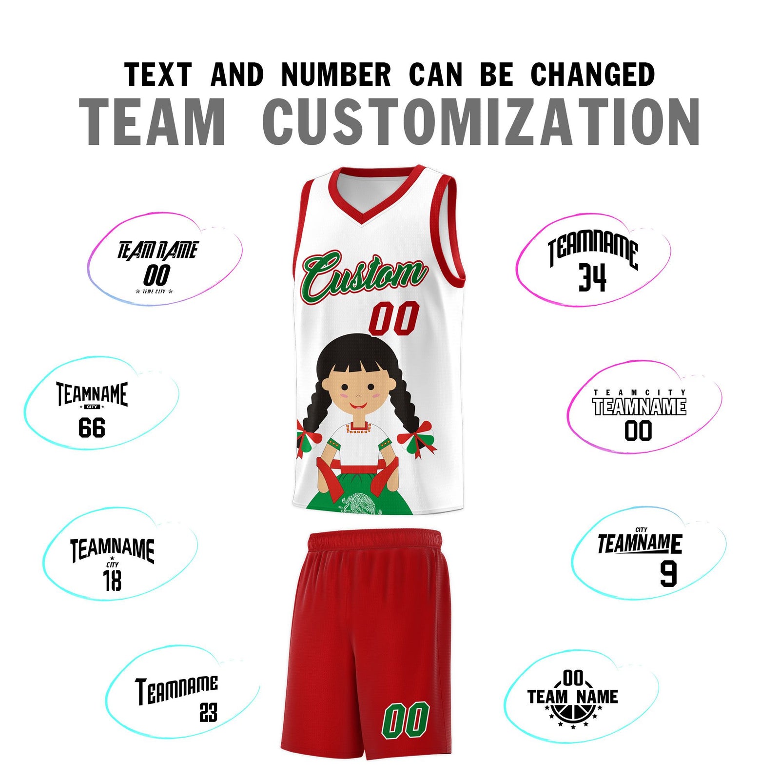 Custom White Red Mexican Colors Graffiti Patterns Sublimation Printing Uniform Basketball Jersey
