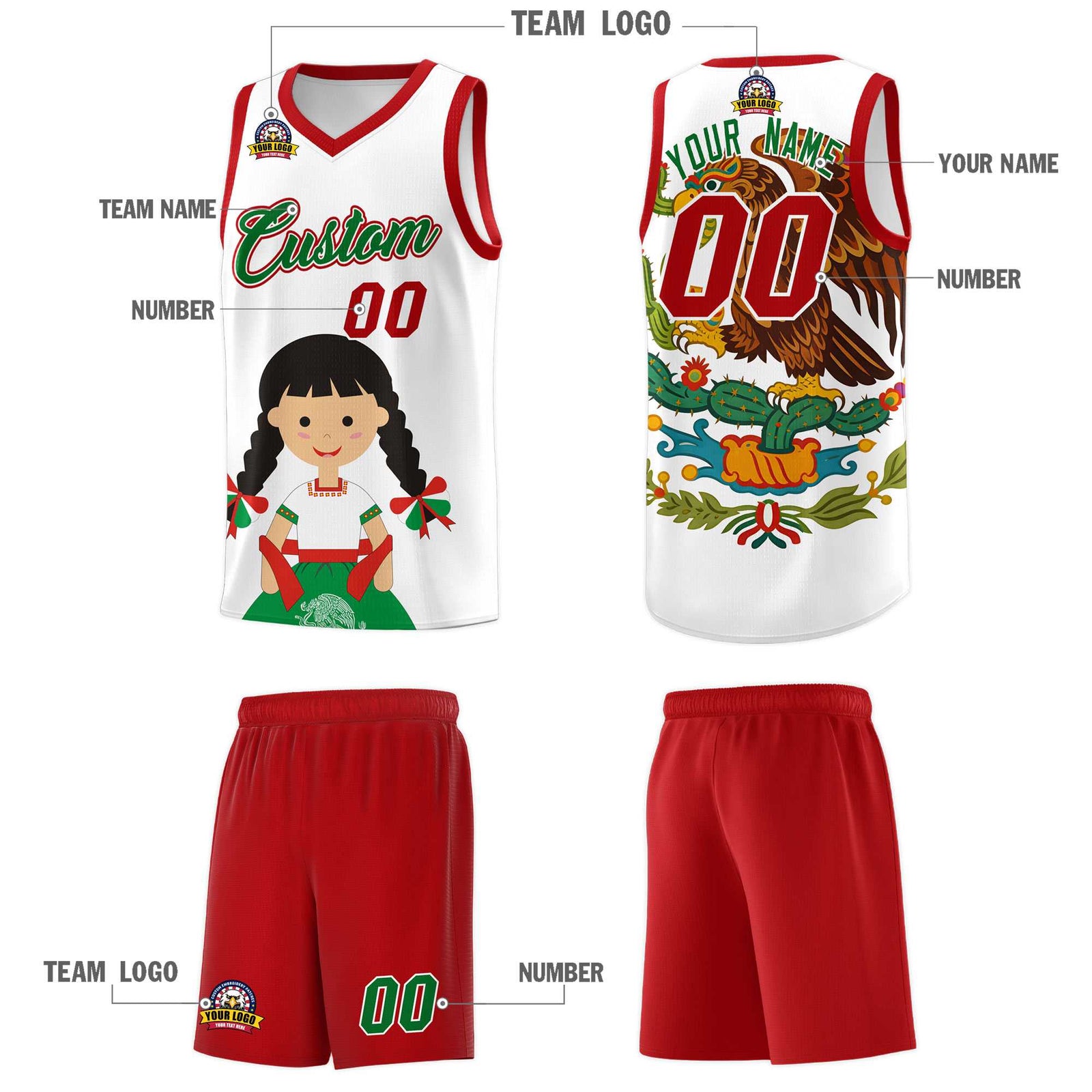 Custom White Red Mexican Colors Graffiti Patterns Sublimation Printing Uniform Basketball Jersey