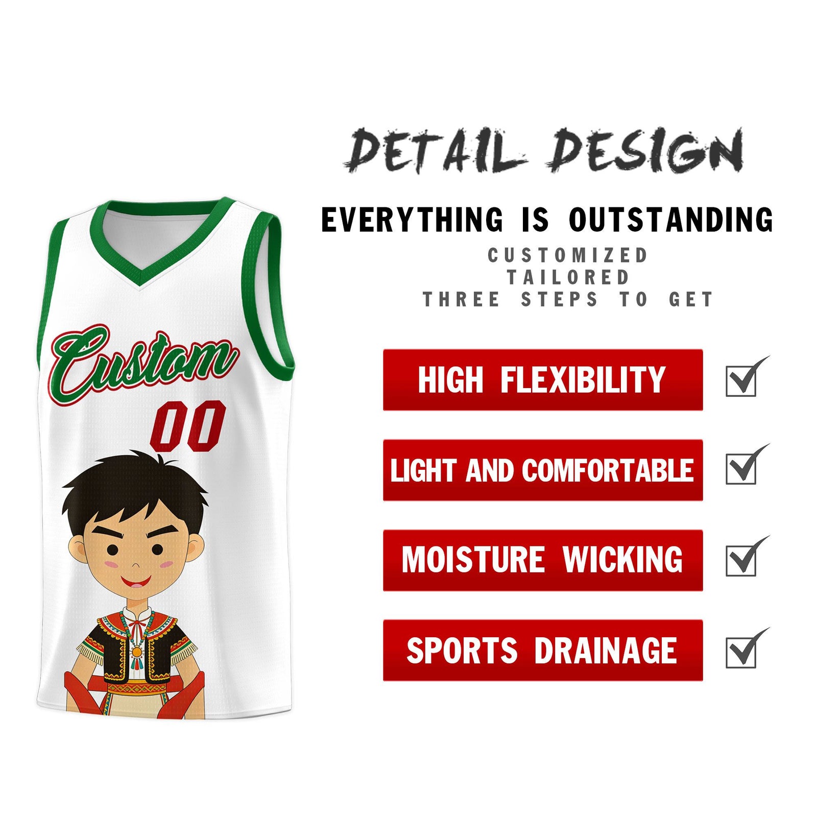 Custom White Kelly Green Mexican Colors Graffiti Patterns Breathable Uniform Basketball Jersey