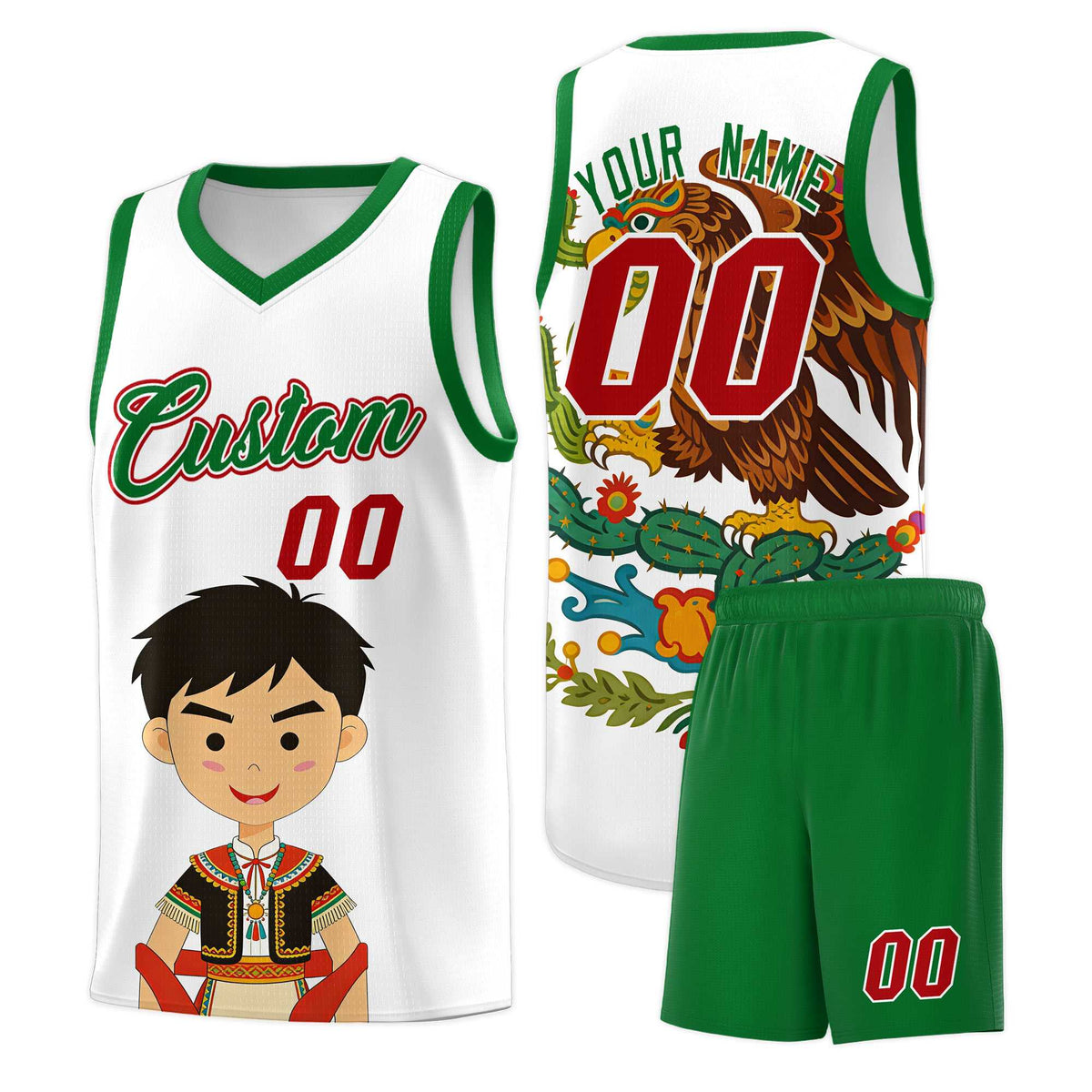 Custom White Kelly Green Mexican Colors Graffiti Patterns Breathable Uniform Basketball Jersey