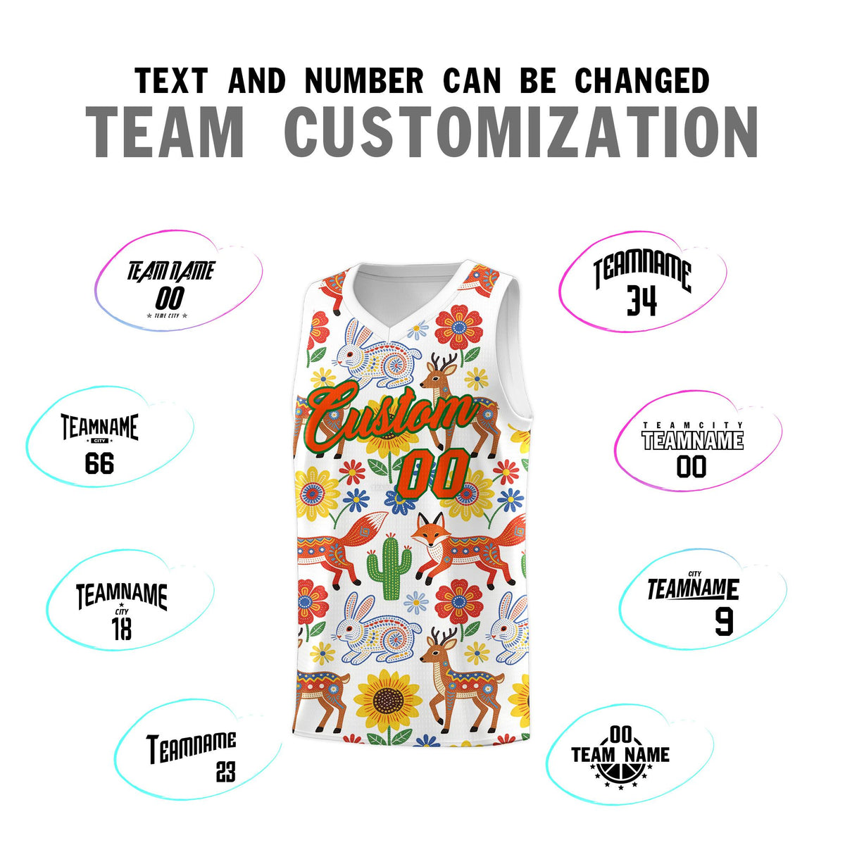 Custom White Chrysanthemum OrangeMexican Colors Graffiti Patterns Quick-Drying Uniform Basketball Jersey