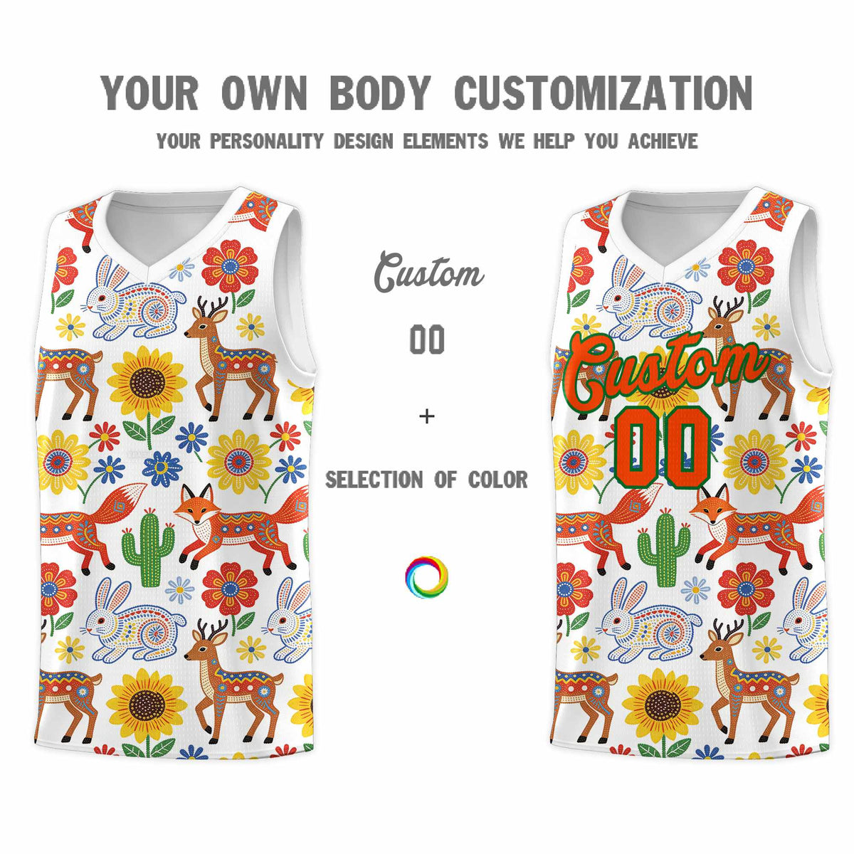 Custom White Chrysanthemum OrangeMexican Colors Graffiti Patterns Quick-Drying Uniform Basketball Jersey