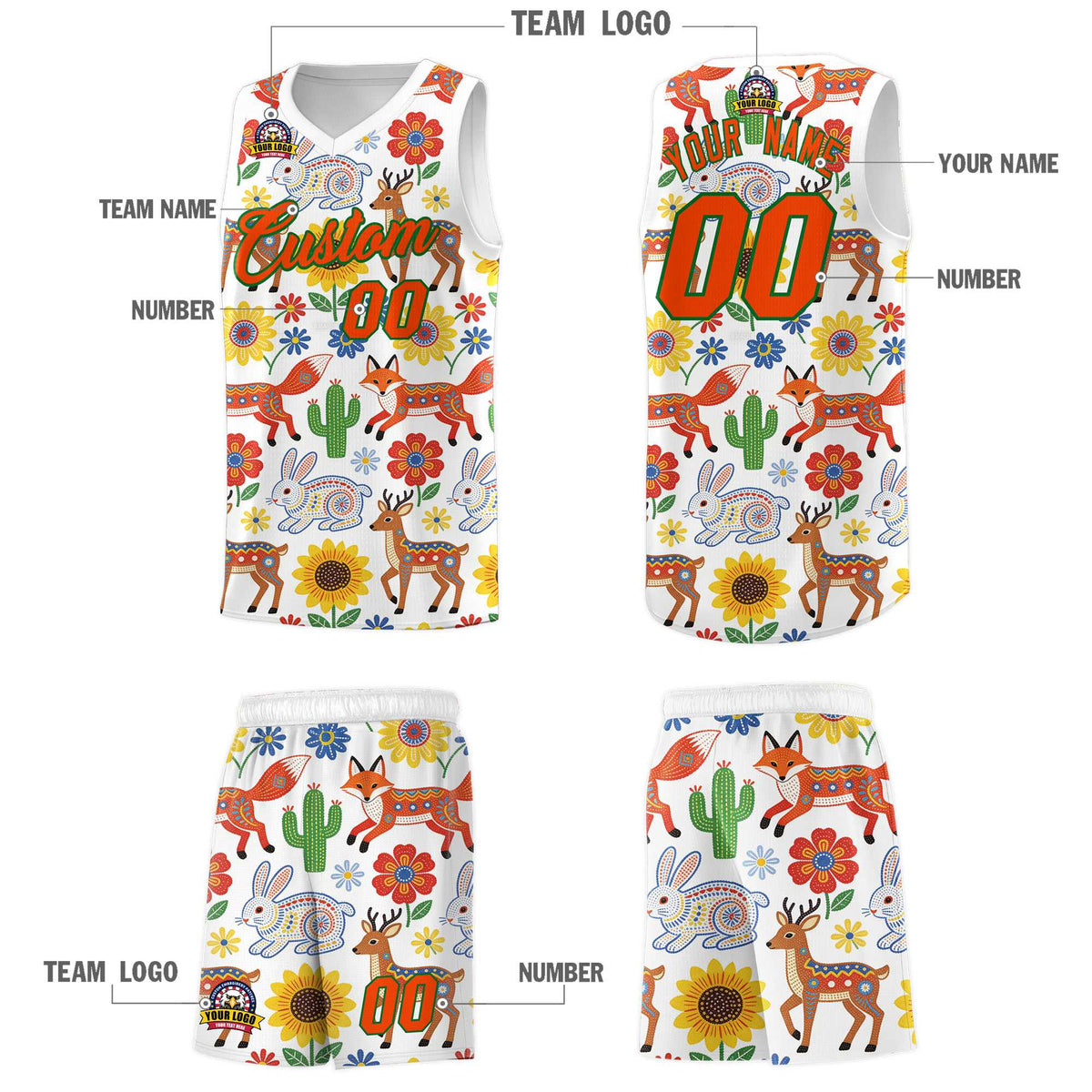 Custom White Chrysanthemum OrangeMexican Colors Graffiti Patterns Quick-Drying Uniform Basketball Jersey