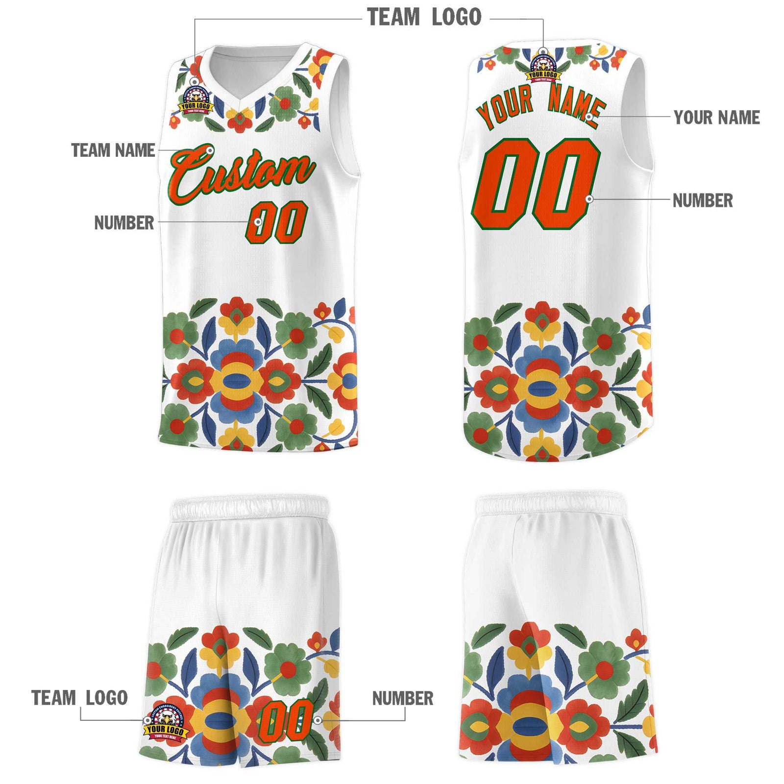 Custom White Orange Mexican Colors Graffiti Patterns Lightweight Uniform Basketball Jersey