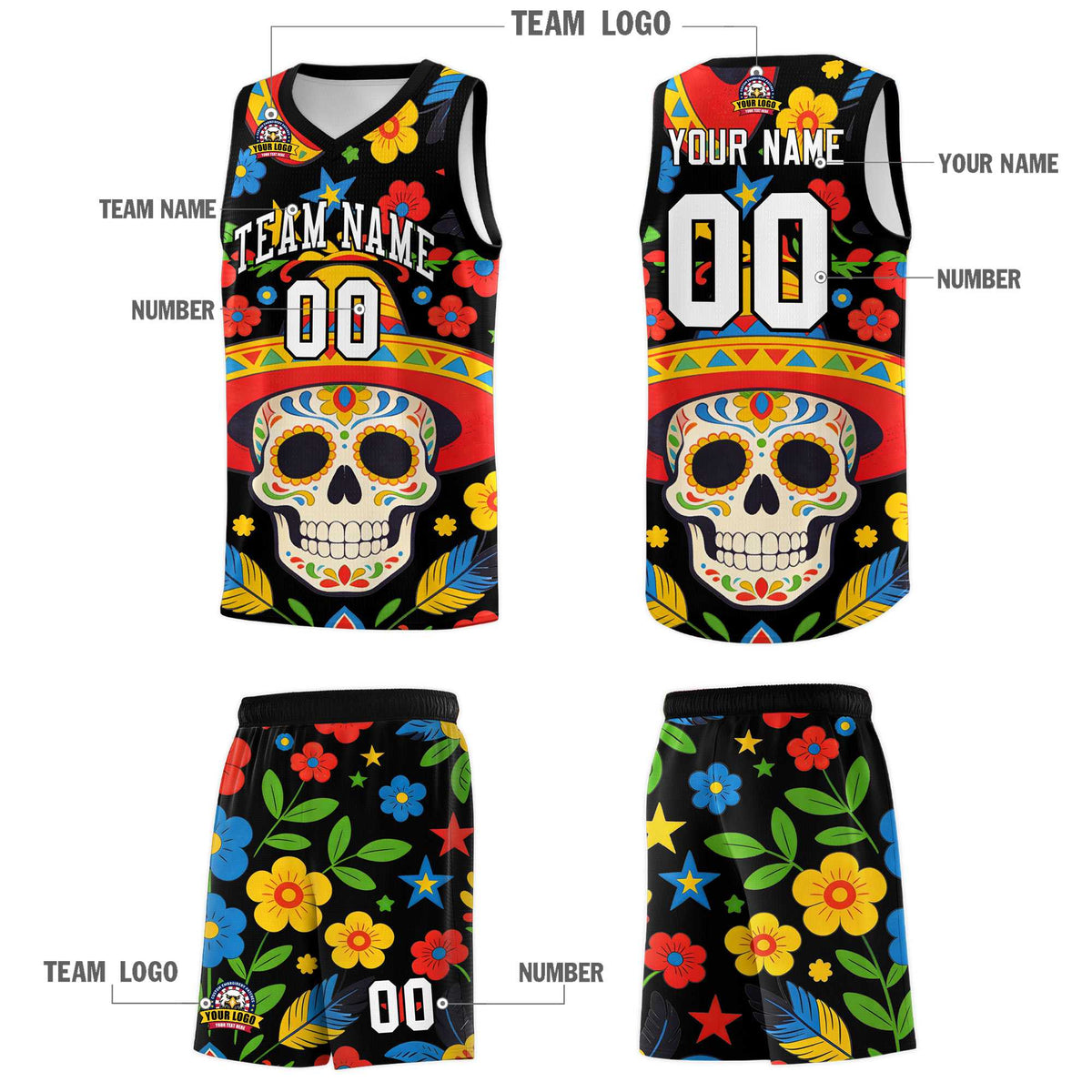 Custom Black Skeleton Mexican Colors Graffiti Patterns Breathable Uniform Basketball Jersey