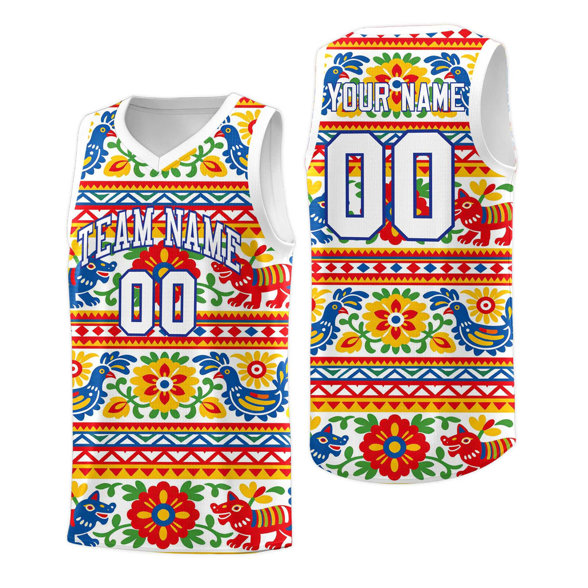 Custom White Colorfulflower pattern Mexican Colors Graffiti Patterns Quick-Drying Uniform Basketball Jersey