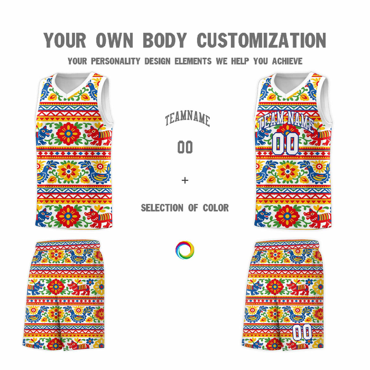 Custom White Colorfulflower pattern Mexican Colors Graffiti Patterns Quick-Drying Uniform Basketball Jersey