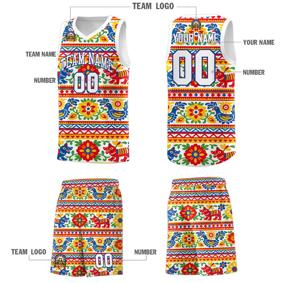 Custom White Colorfulflower pattern Mexican Colors Graffiti Patterns Quick-Drying Uniform Basketball Jersey