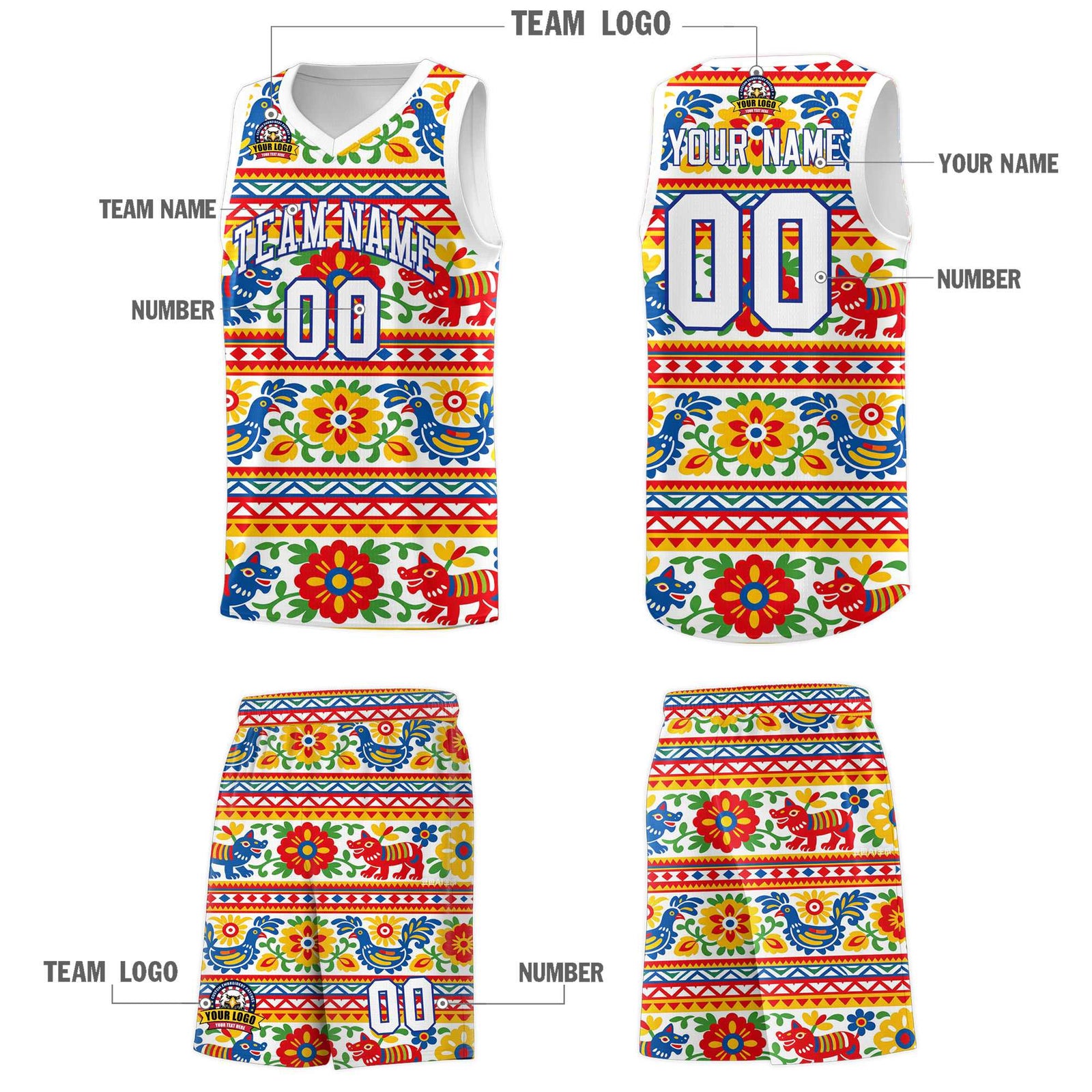 Custom White Colorfulflower pattern Mexican Colors Graffiti Patterns Quick-Drying Uniform Basketball Jersey