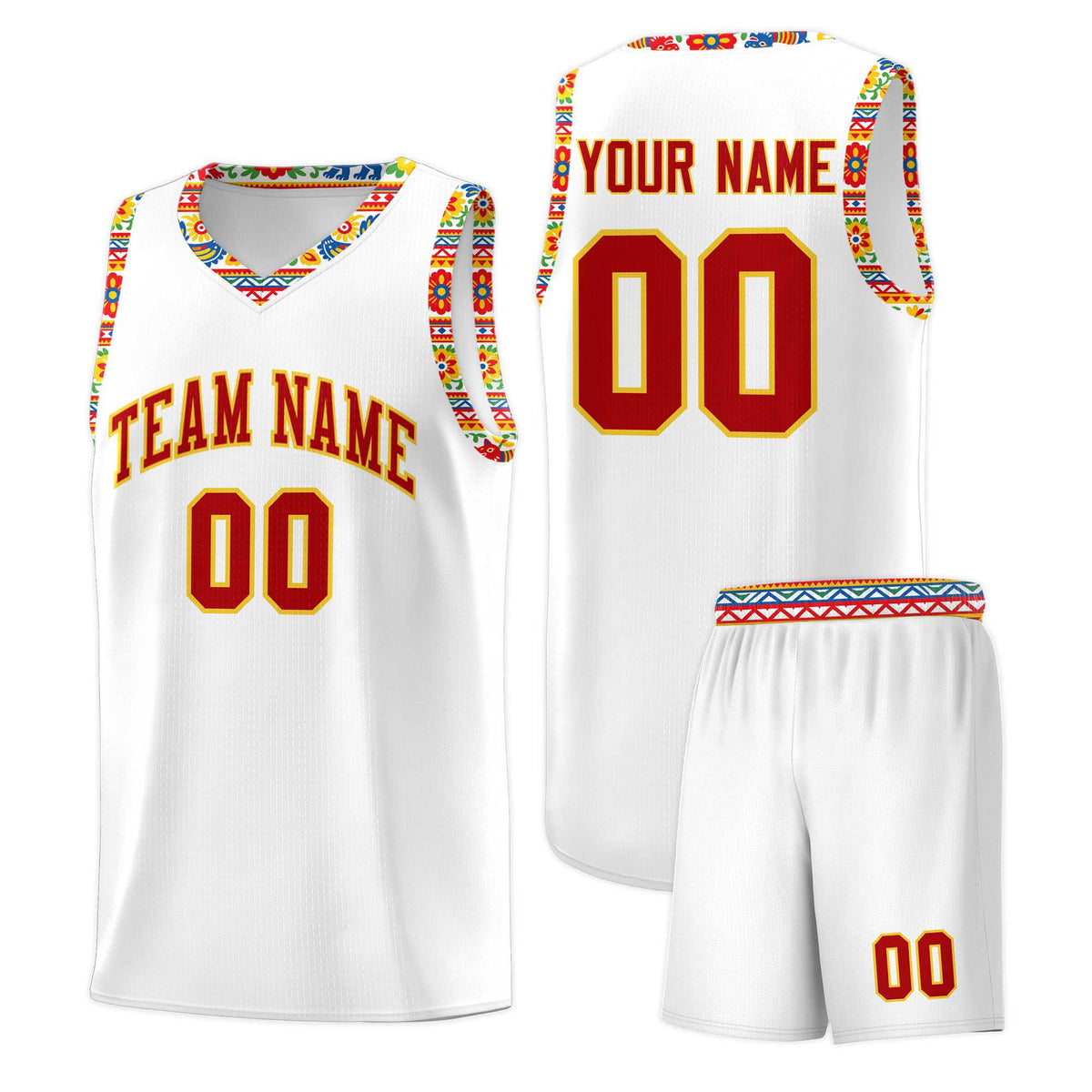 Custom White Colorfulflower pattern Mexican Colors Graffiti Patterns Wrinkle-Resistant Uniform Basketball Jersey
