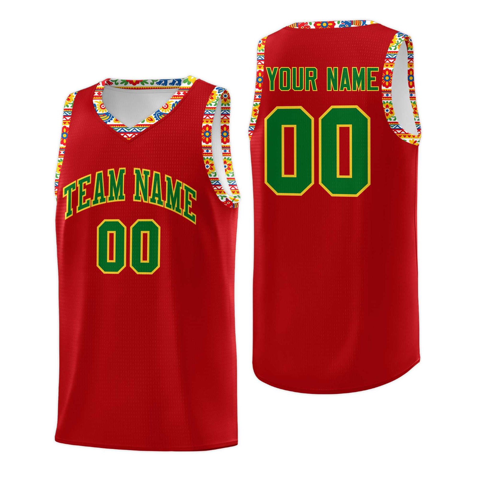 Custom Red Colorfulflower pattern Mexican Colors Graffiti Patterns Drapable Uniform Basketball Jersey