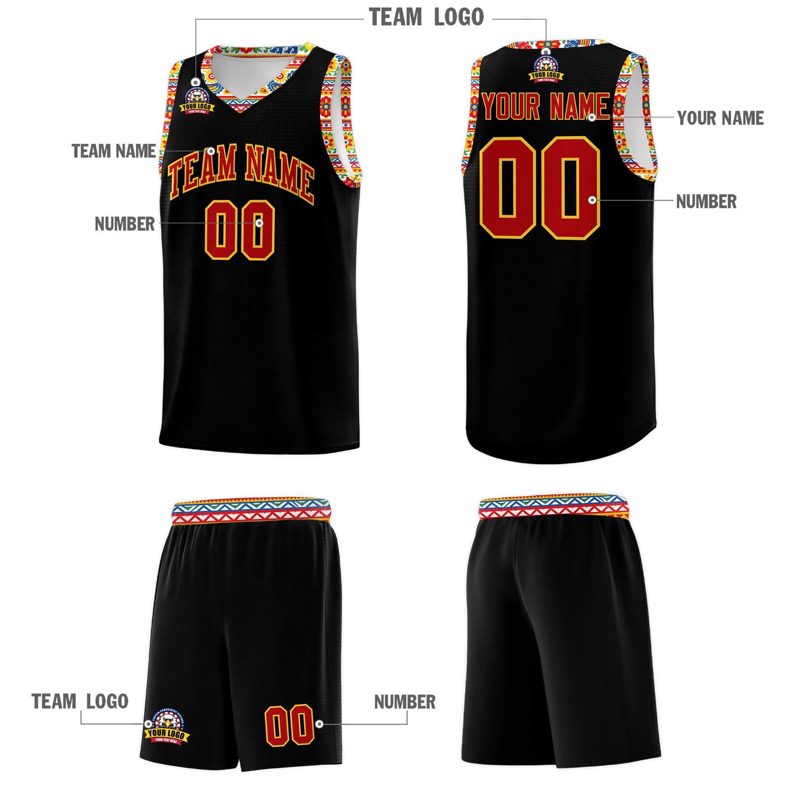 Custom Black Colorfulflower pattern Mexican Colors Graffiti Patterns Sublimation Printing Uniform Basketball Jersey