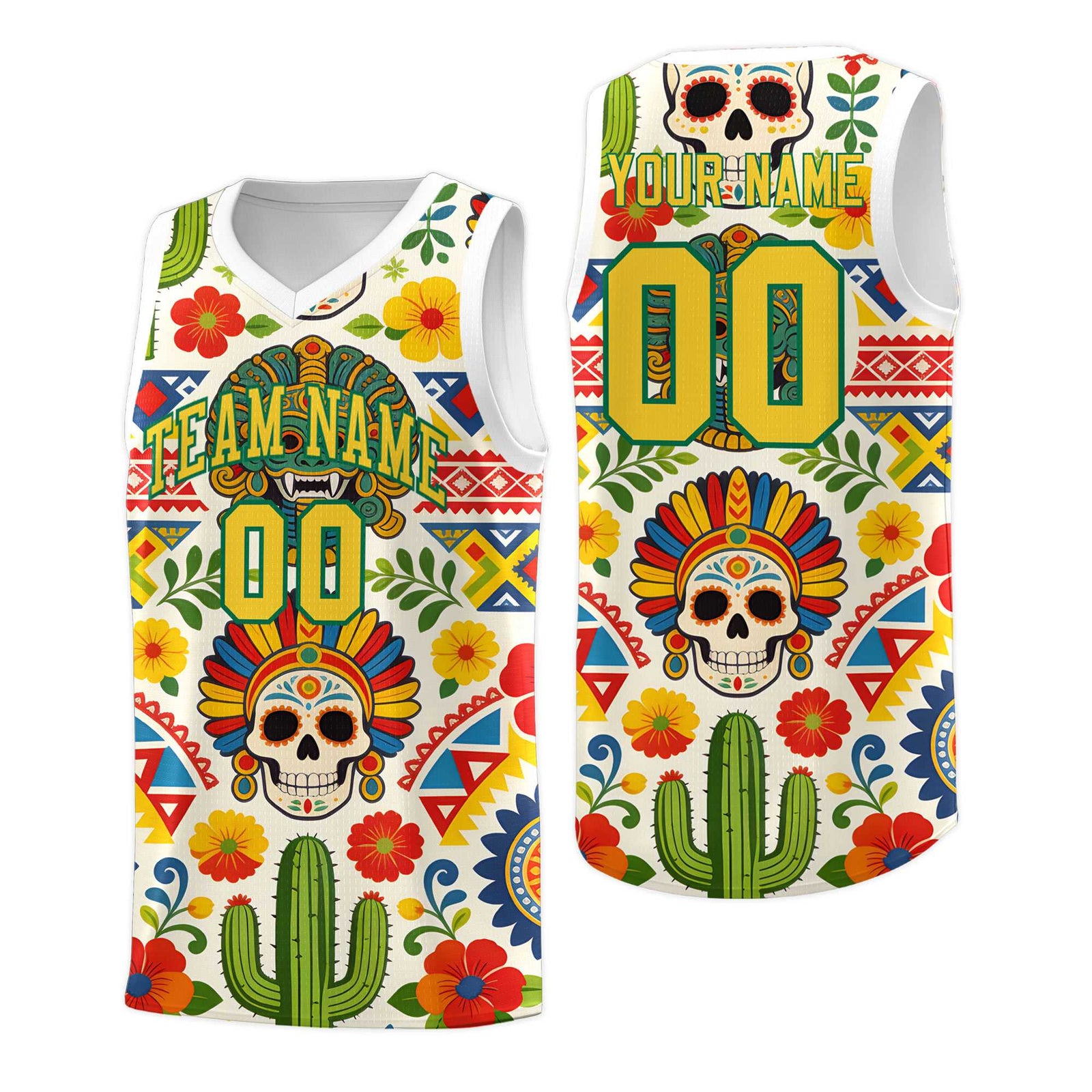 Custom White Skeleton Mexican Colors Graffiti Patterns Sublimation Printing Uniform Basketball Jersey