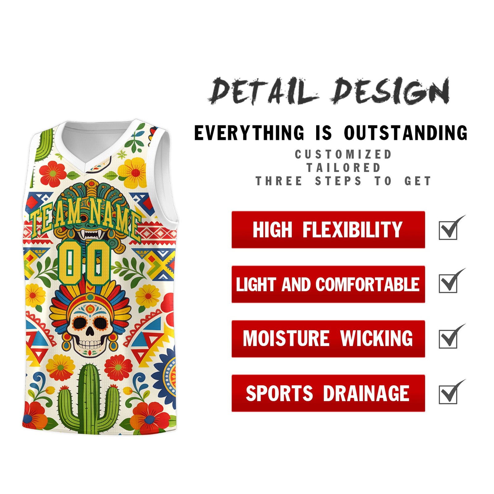 Custom White Skeleton Mexican Colors Graffiti Patterns Sublimation Printing Uniform Basketball Jersey