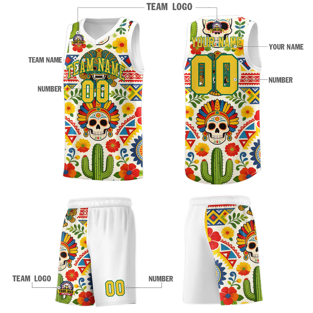 Custom White Skeleton Mexican Colors Graffiti Patterns Sublimation Printing Uniform Basketball Jersey