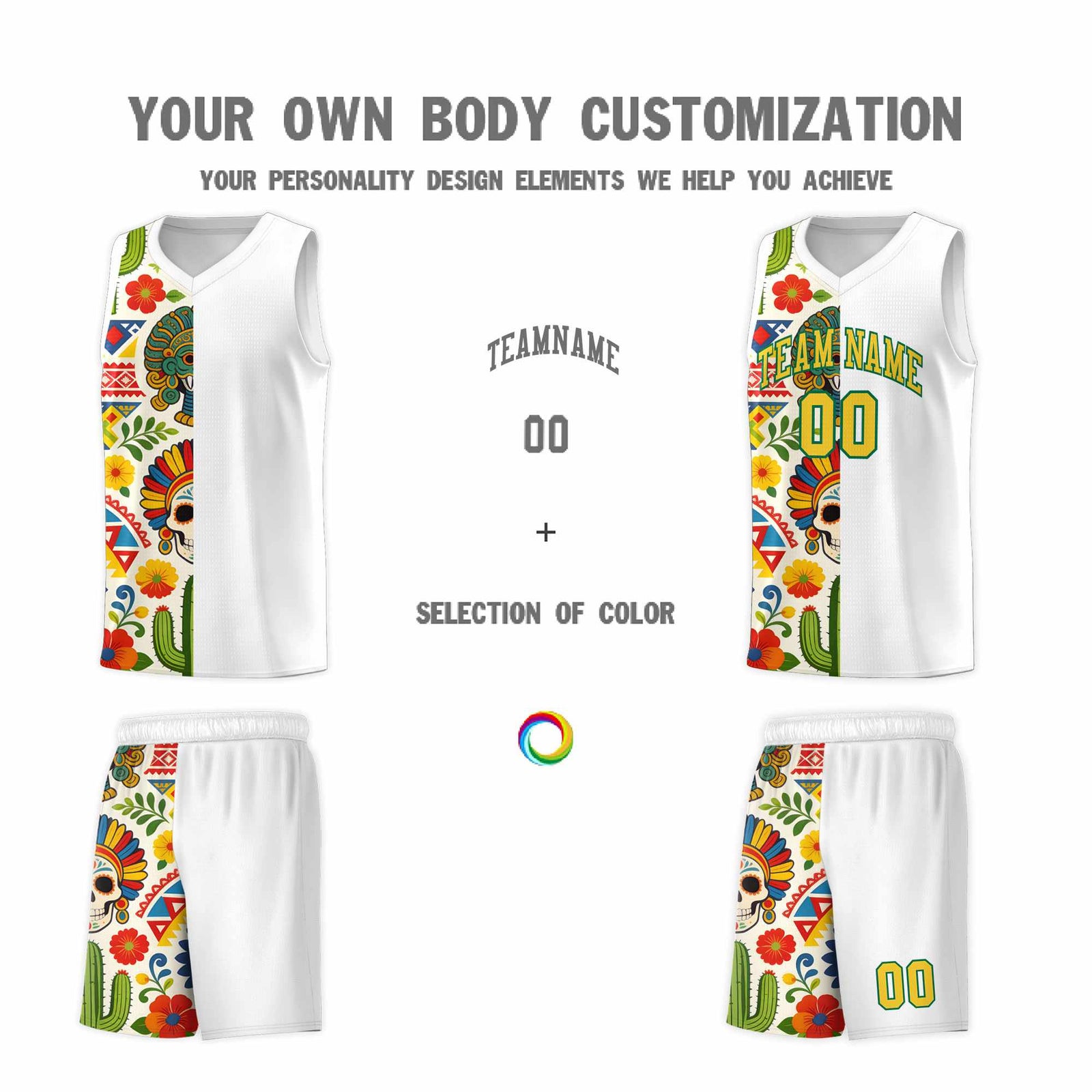 Custom White Skeleton Mexican Colors Graffiti Patterns Breathable Uniform Basketball Jersey