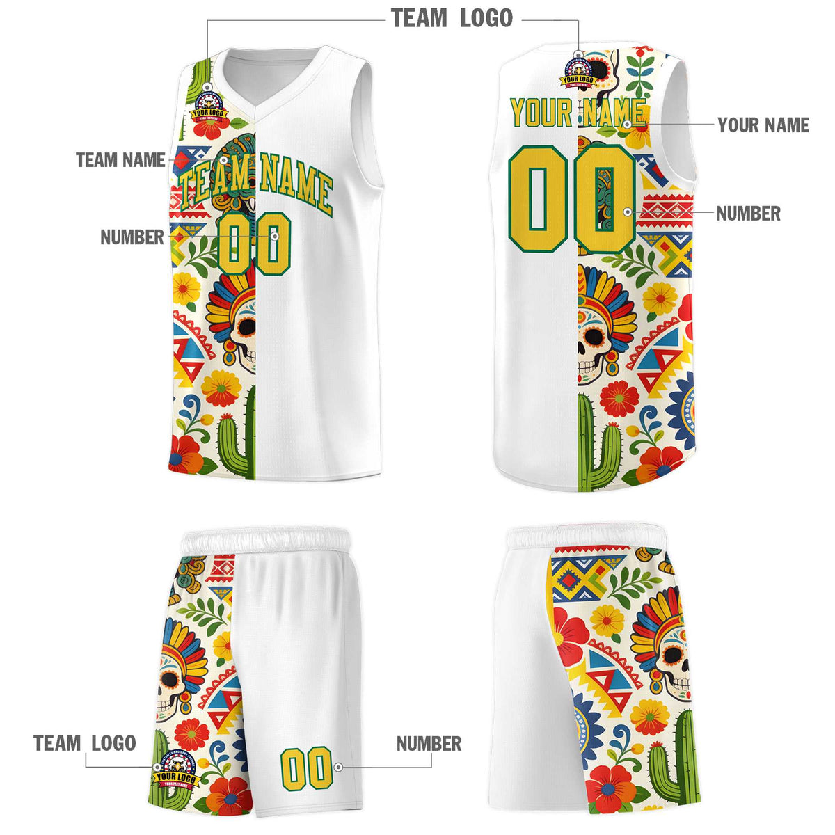Custom White Skeleton Mexican Colors Graffiti Patterns Breathable Uniform Basketball Jersey
