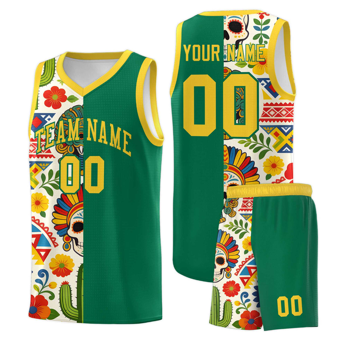 Custom Kelly Green Skeleton Mexican Colors Graffiti Patterns Quick-Drying Uniform Basketball Jersey
