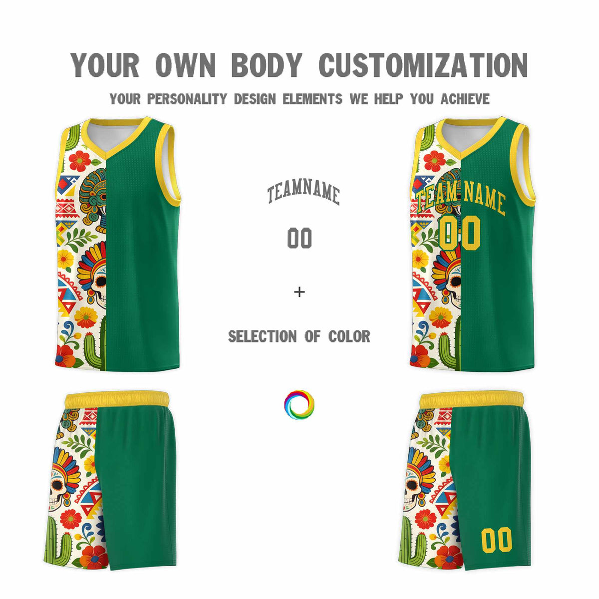 Custom Kelly Green Skeleton Mexican Colors Graffiti Patterns Quick-Drying Uniform Basketball Jersey